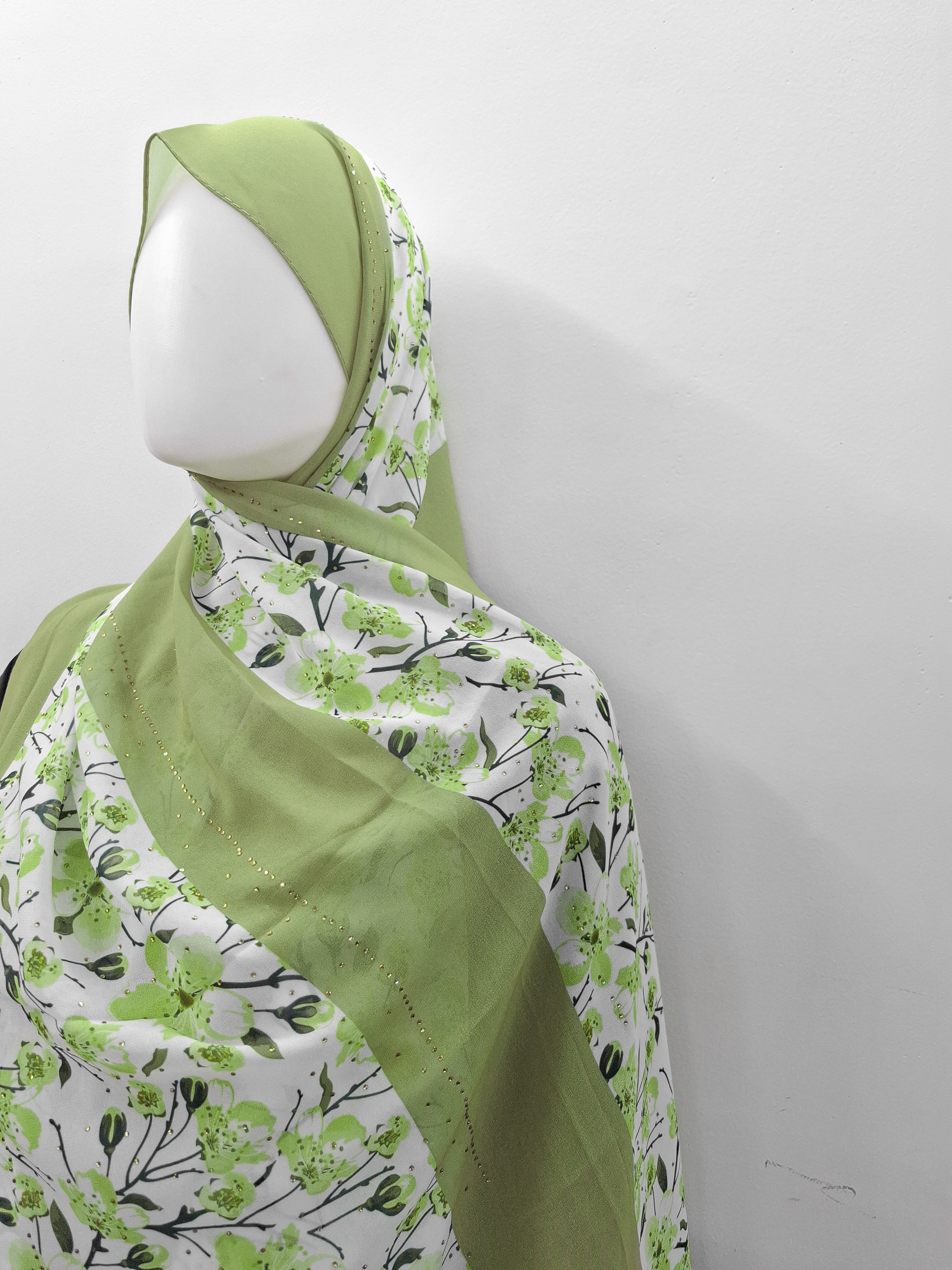 Green Floral Hijab with Stone Detailing