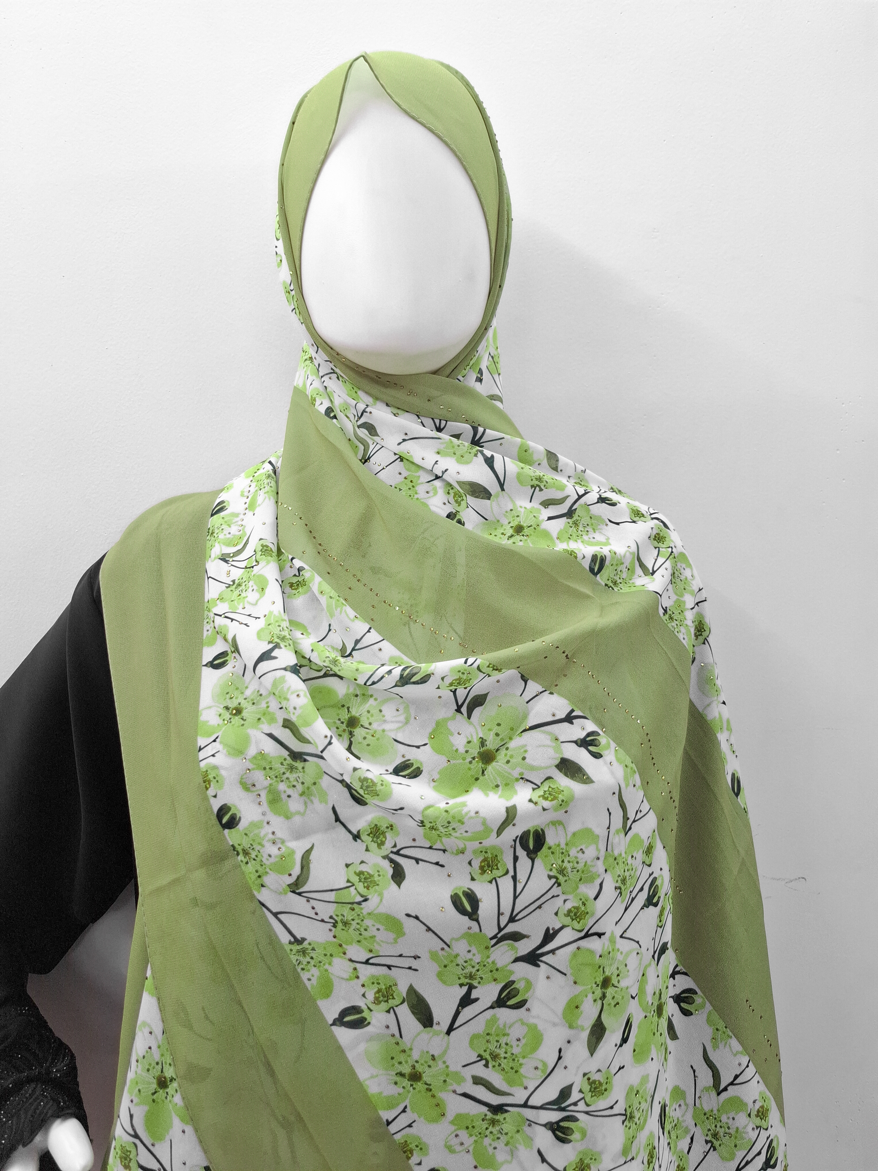 Green Floral Hijab with Stone Detailing