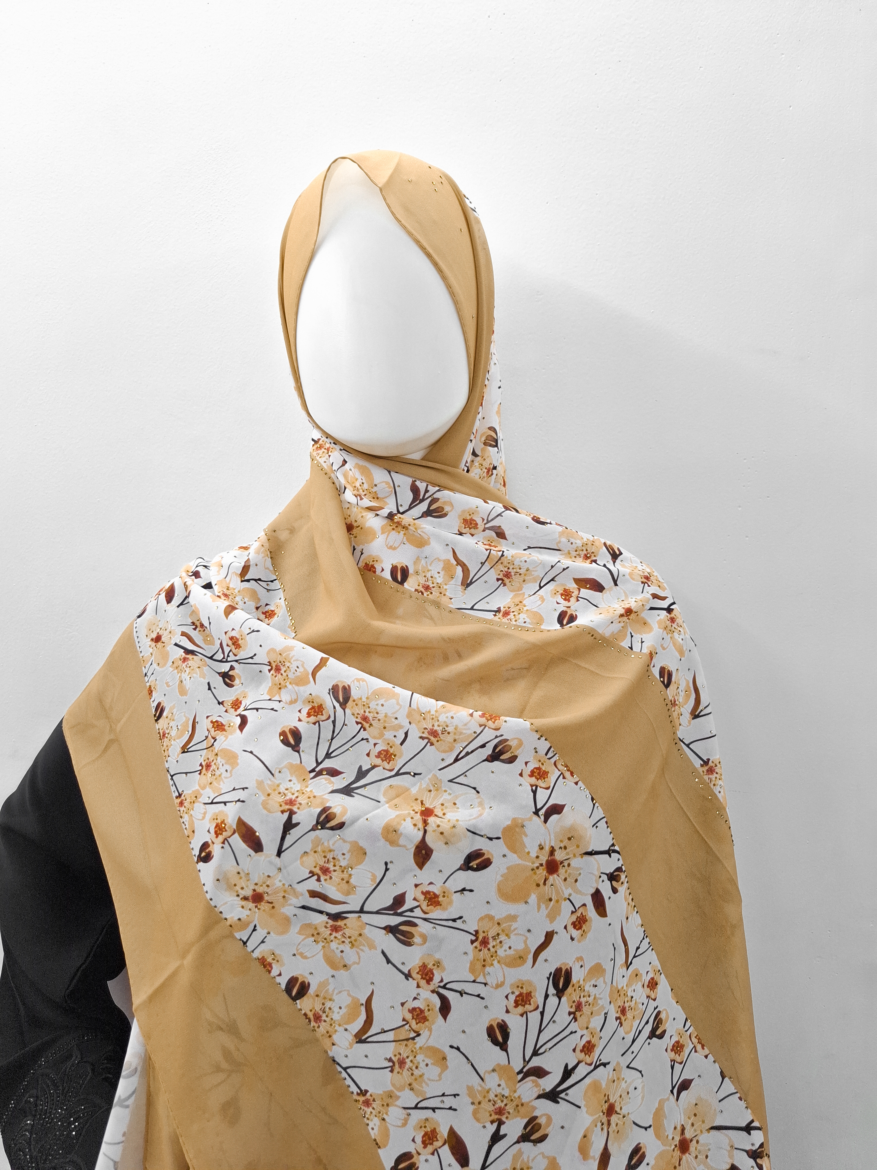 Mustard Floral Hijab with Stone Detailing