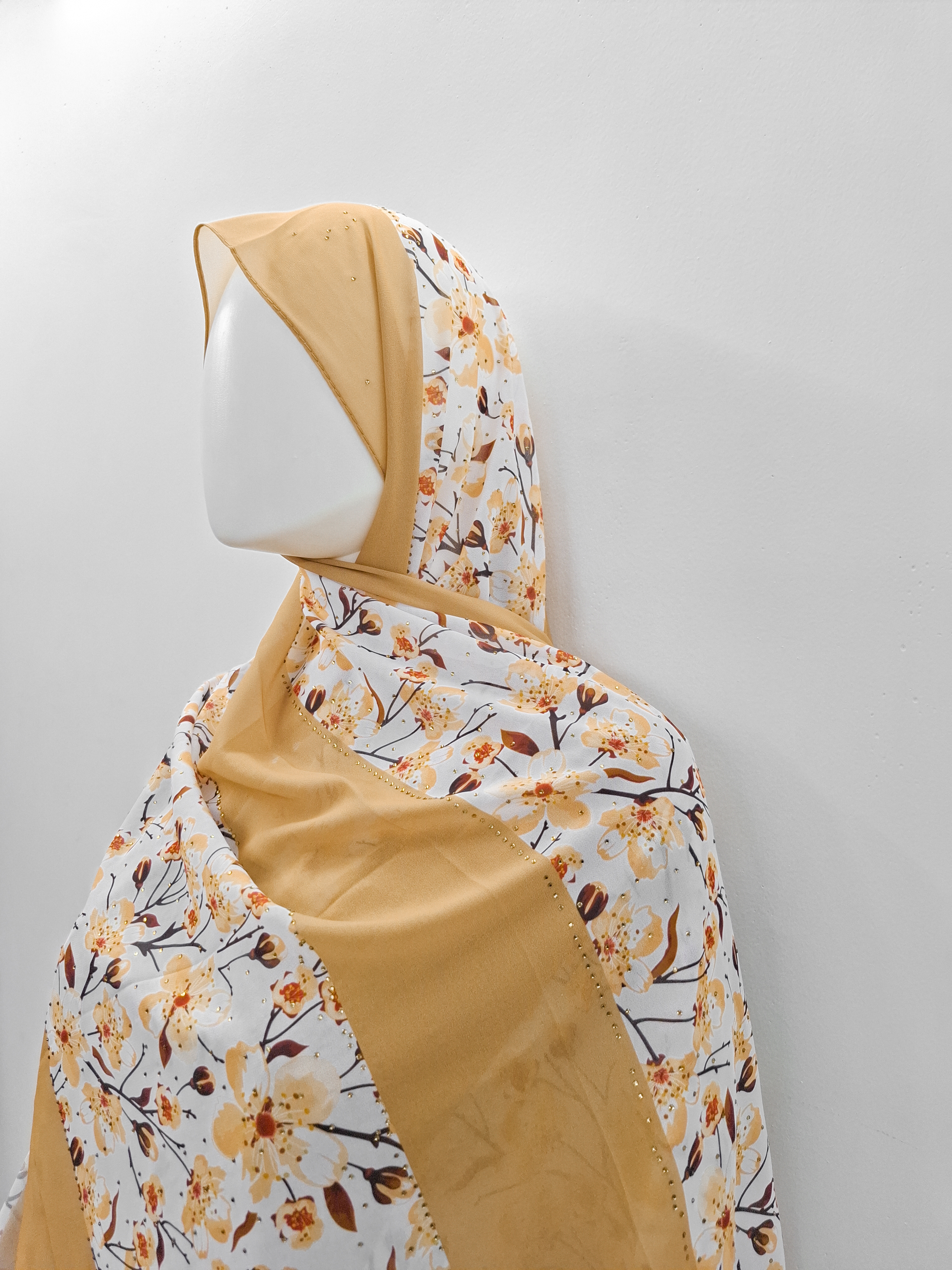  Mustard Floral Hijab with Stone Detailing