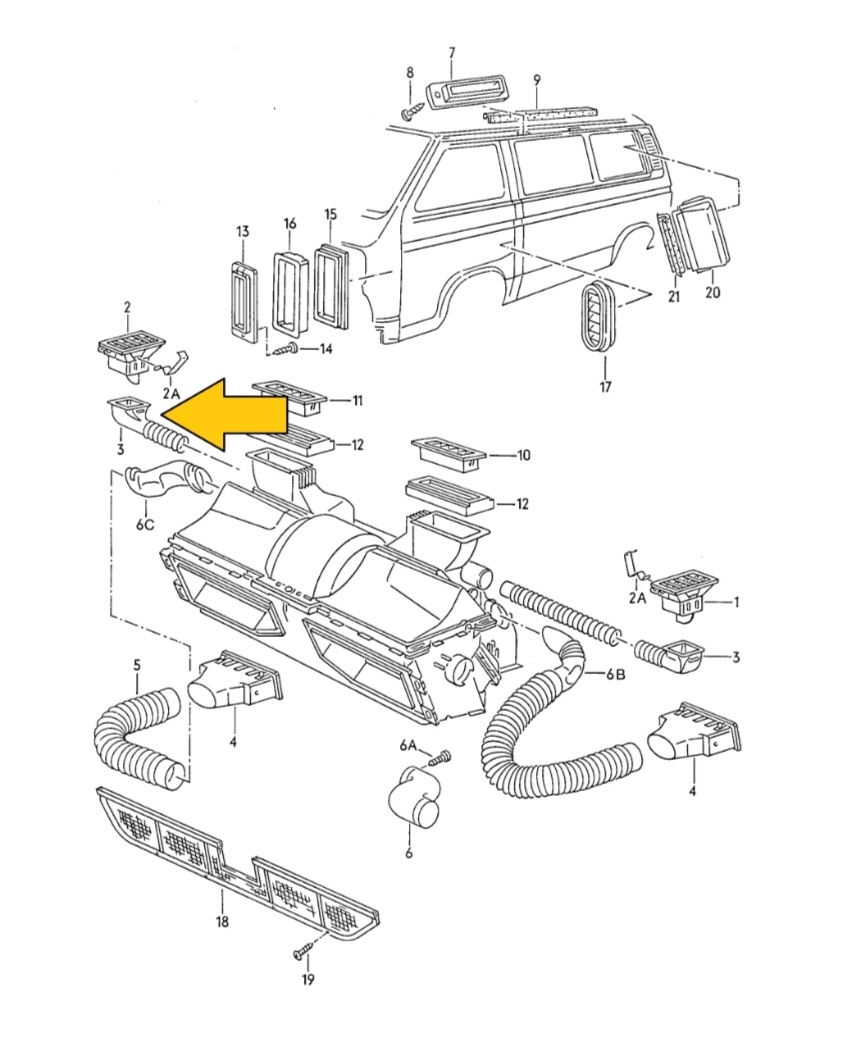 Tuyau d'air de dégivrage de tableau de bord vw T3