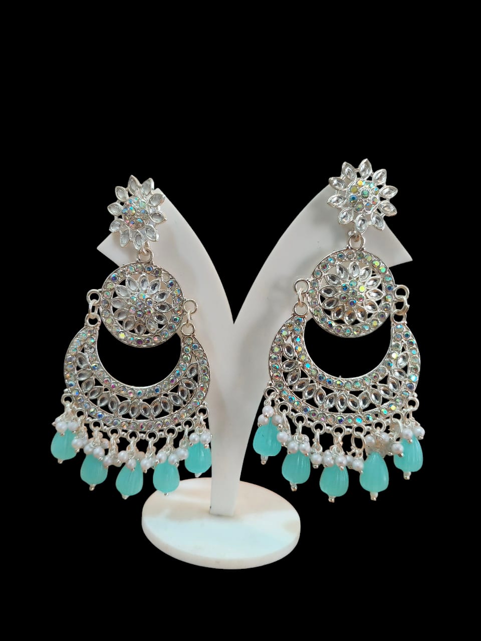 Silver Crystal Chandbali Earrings