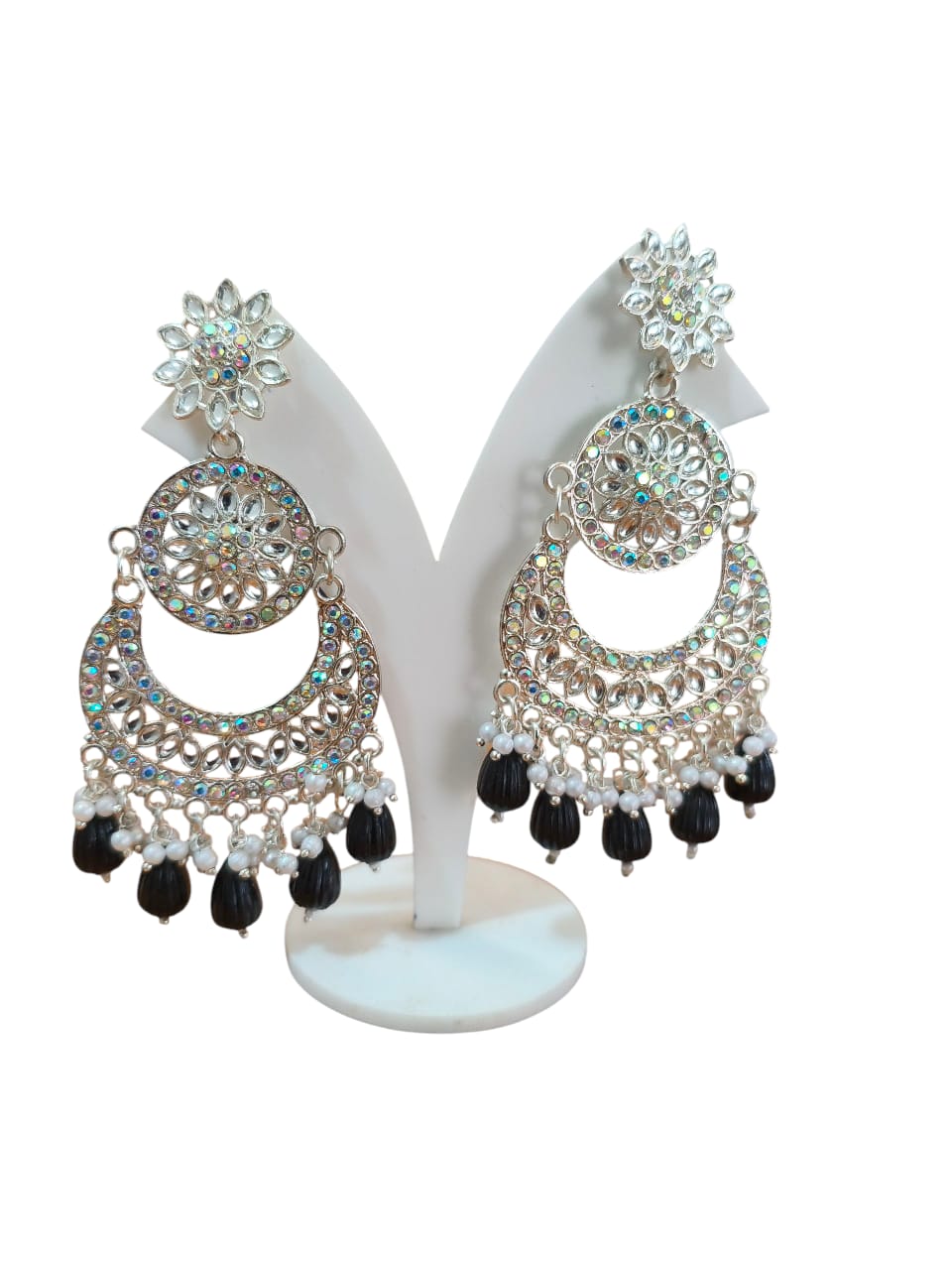 Traditional Silver-Toned Chandbali Earrings