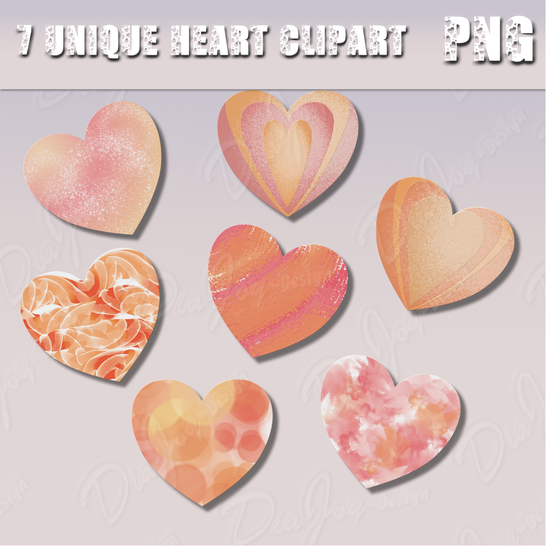 7 Orange textured Hearts Cliparts