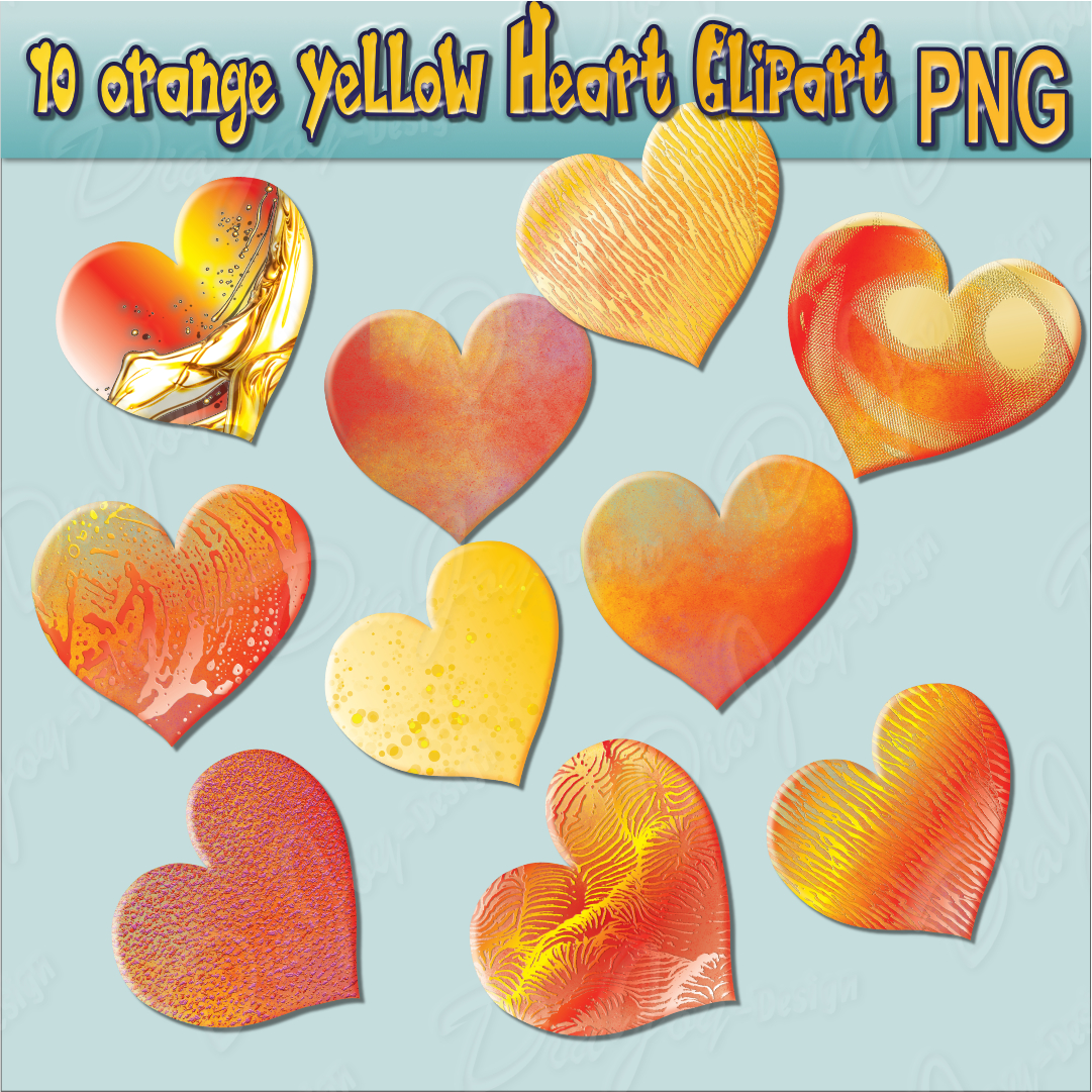 10 Orange Yellow Heart Clipart Bundle