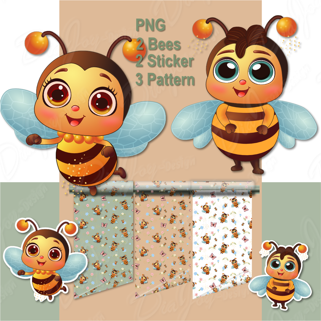 Cute Bee Digital Clipart as Stickers and Patterns