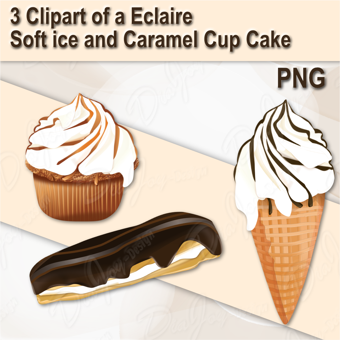 3 Clipart of Eclair, Soft Ice, and Caramel Cup Cake