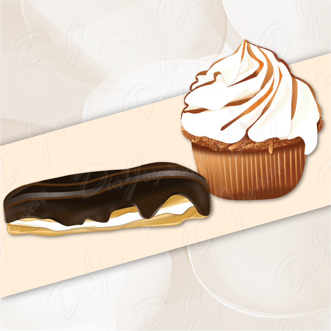 3 Clipart of Eclair, Soft Ice, and Caramel Cup Cake