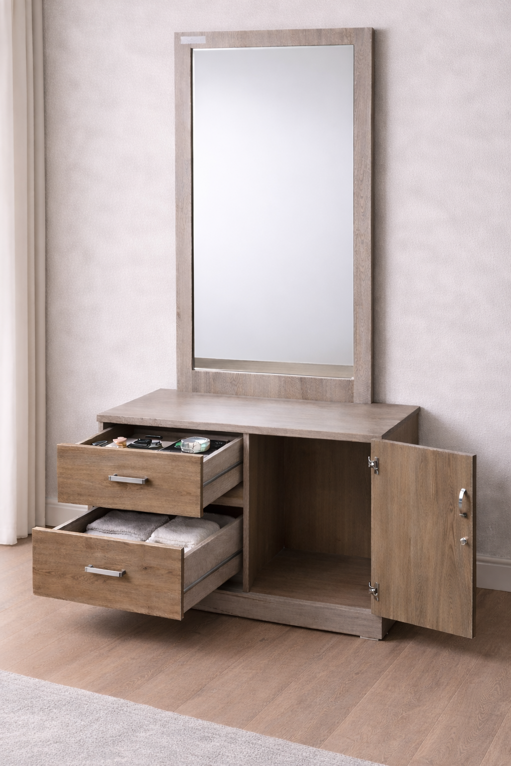 Wooden Dressing Table with Dual Drawer and Side Cabinet