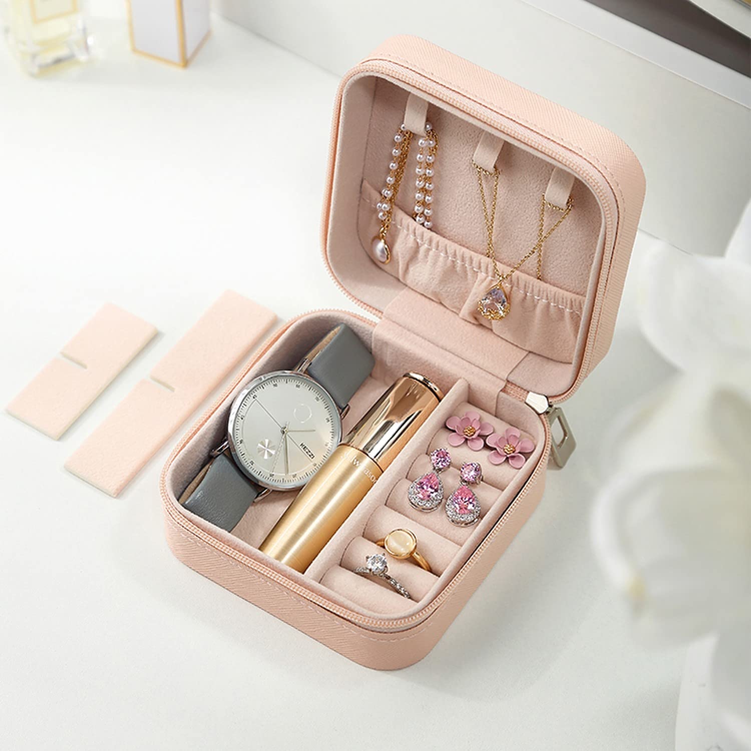 Mini Jewelry Organiser Box PU Leather Zipper Case with Divider Box