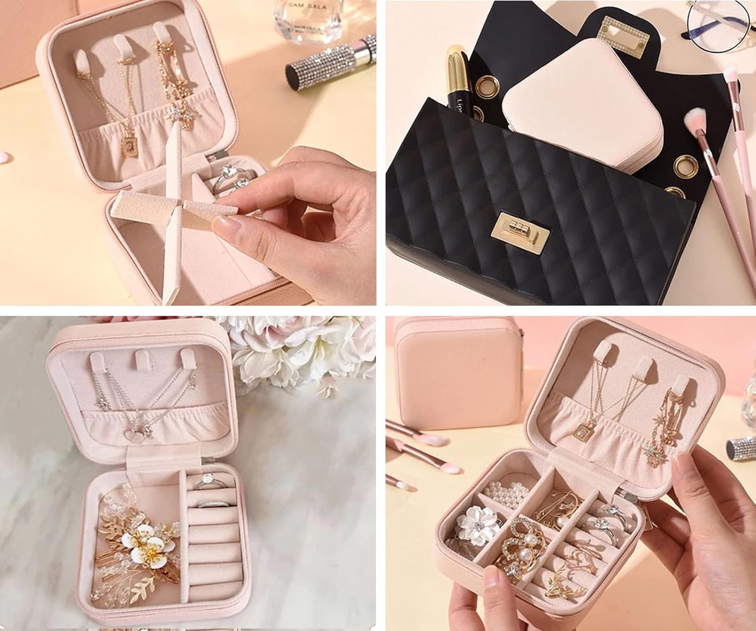 Mini Jewelry Organiser Box PU Leather Zipper Case with Divider Box