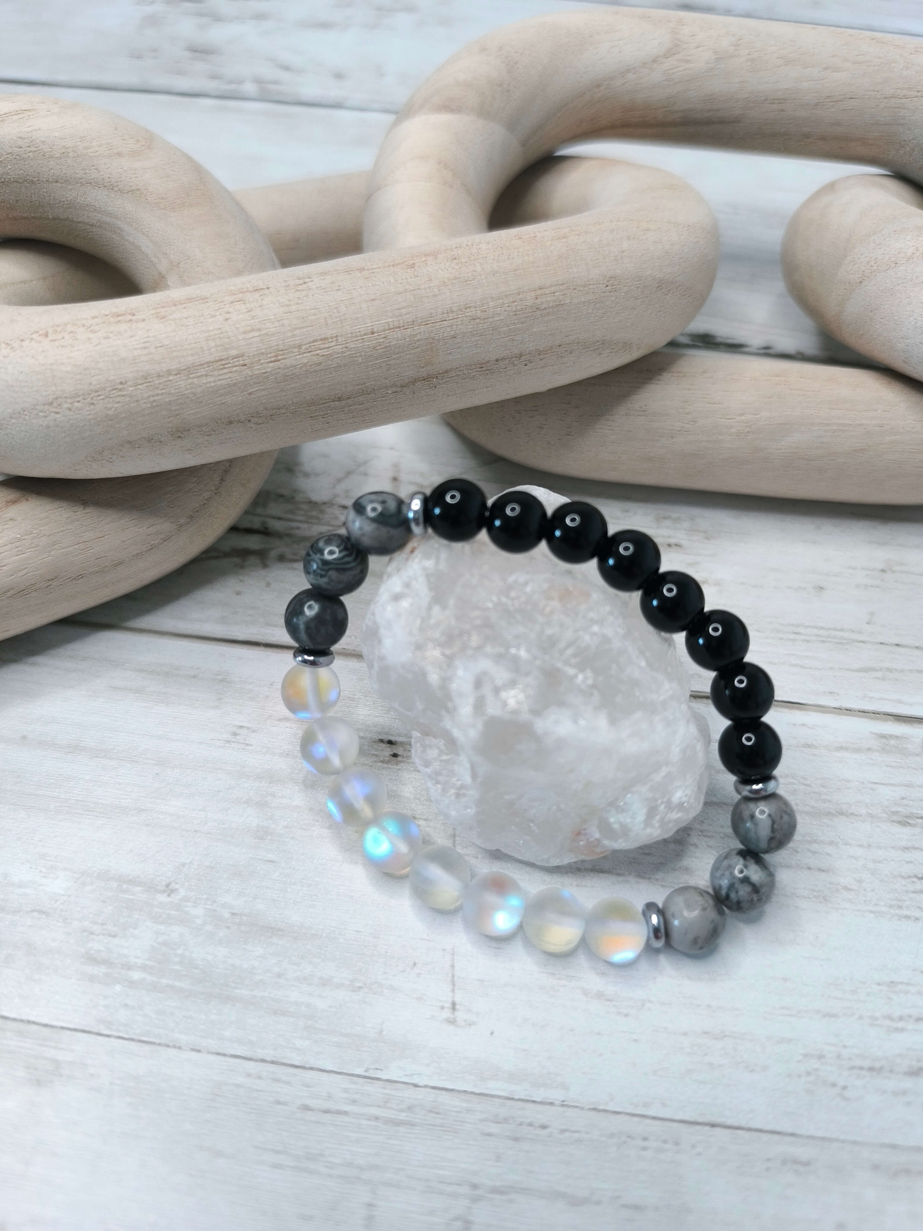 Bracelet Onyx Noir - Howlite Grise - Opalite – Protection - Calme - Clarté