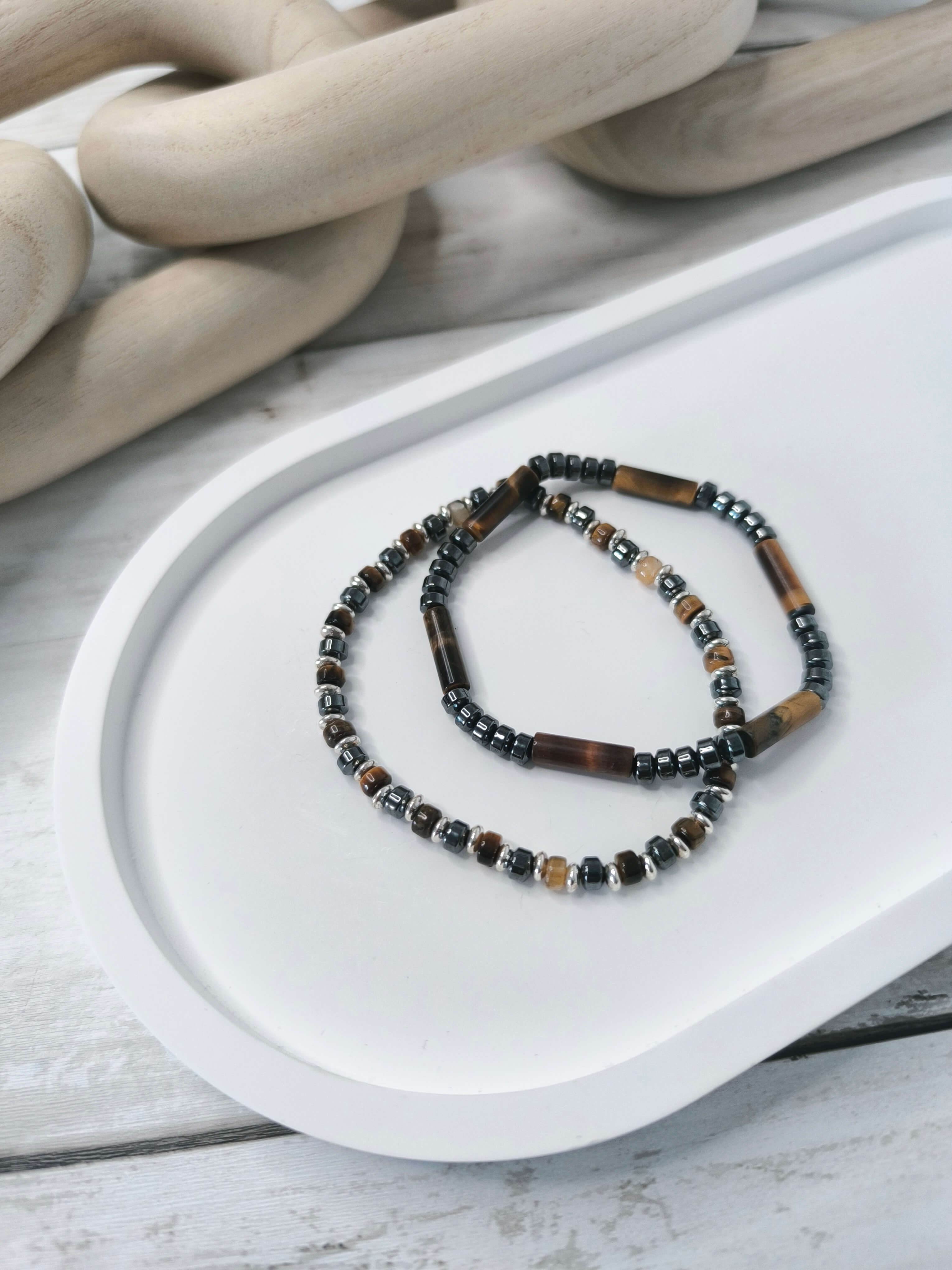 BRACELET HOMME - RETRO - PIERRES NATURELLES - OEIL DE TIGRE & OBSIDIENNE - ENSEMBLE DE 2 BRACELETS