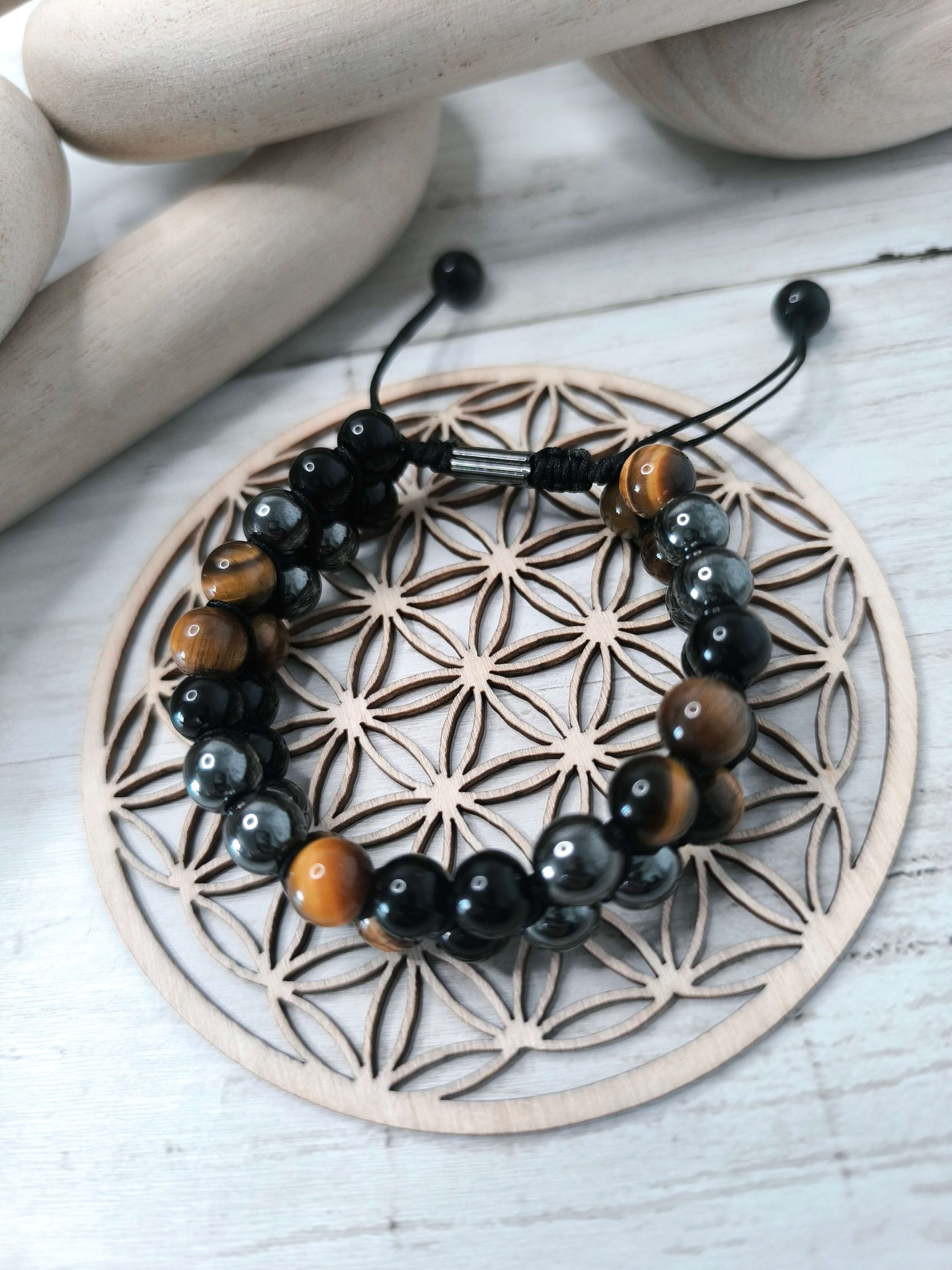 BRACELET HOMME - PIERRE NATURELLE - OEIL DE TIGRE & HEMATITE - PROTECTION & ENERGIE