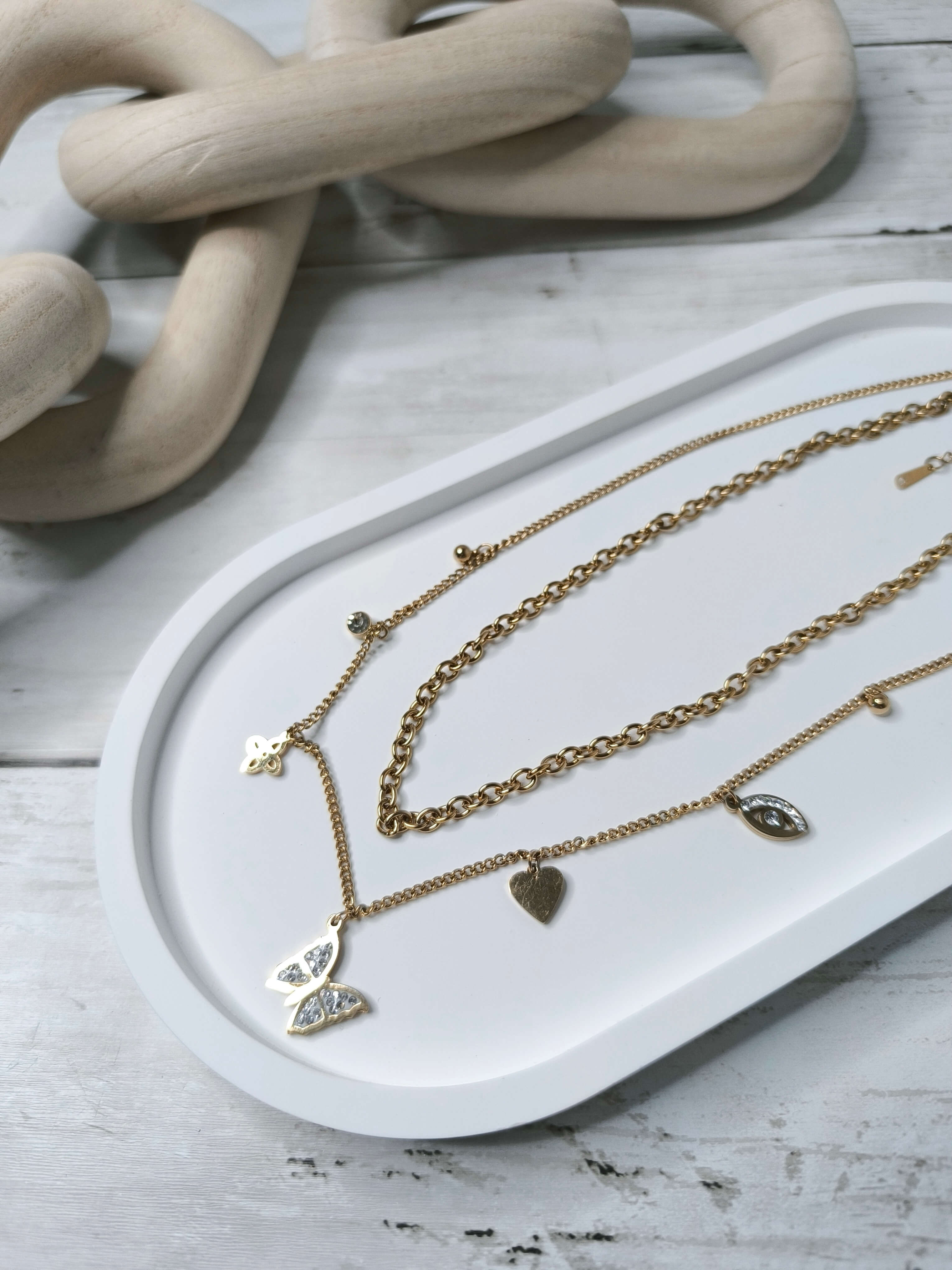 COLLIER FEMME - DEUX NIVEAUX - ACIER INOXYDABLE 304 - PAPILLON & SYMBOLES