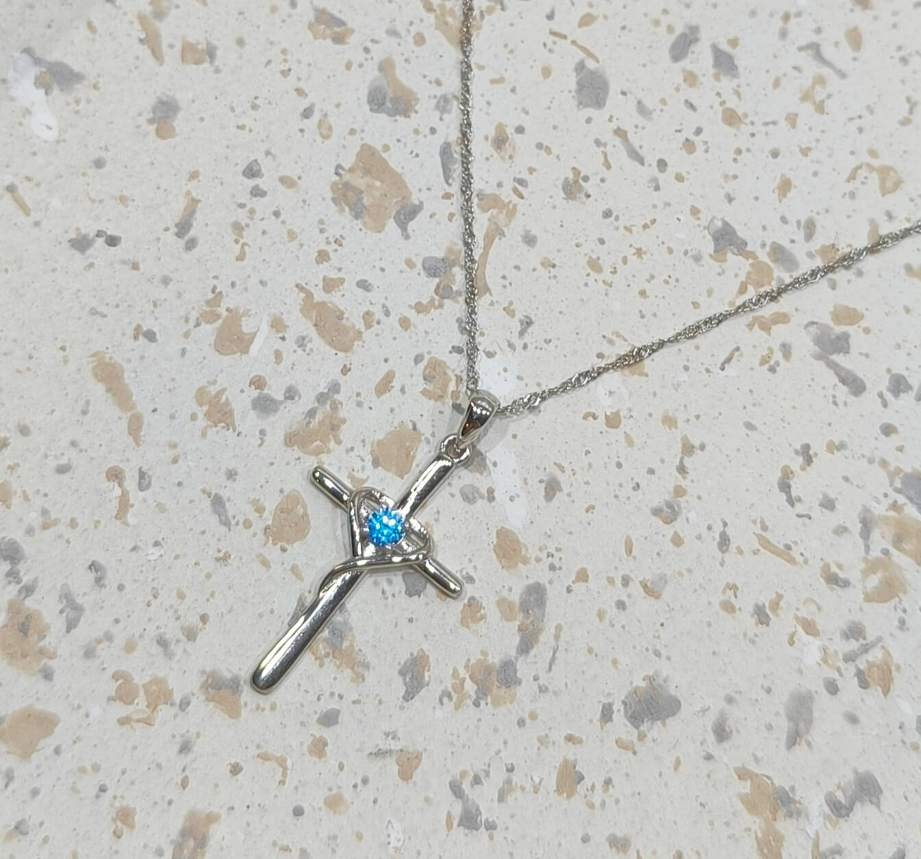 COLLIER FEMME - CHAINE TORSADEE ITALIENNE - PENDANTIF CROIX - PIERRE BLEUE - ARGENT S925