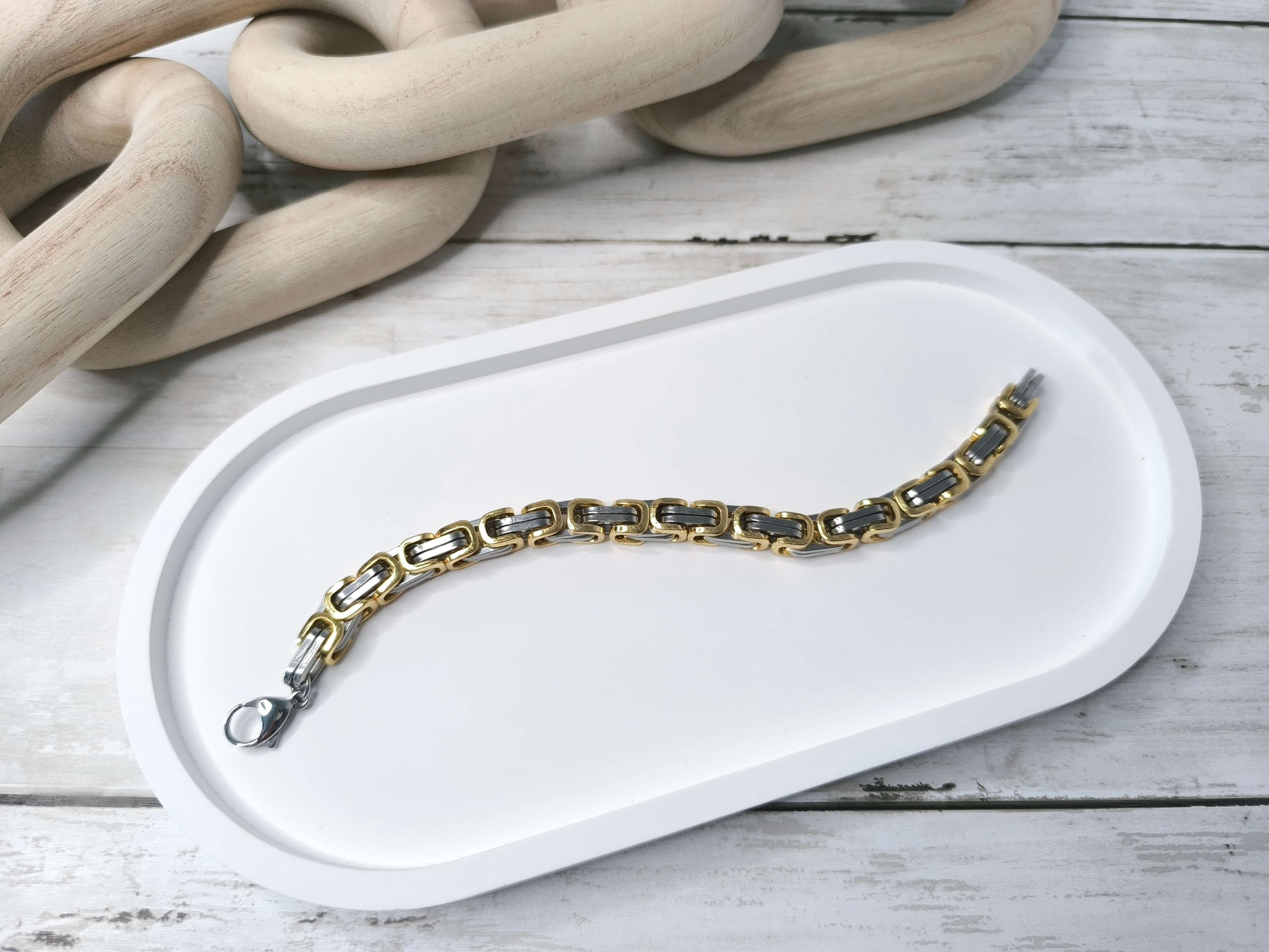 GOURMETTE HOMME - ACIER INOXYDABLE - DORE & GRIS ARGENT - 20.5 CM