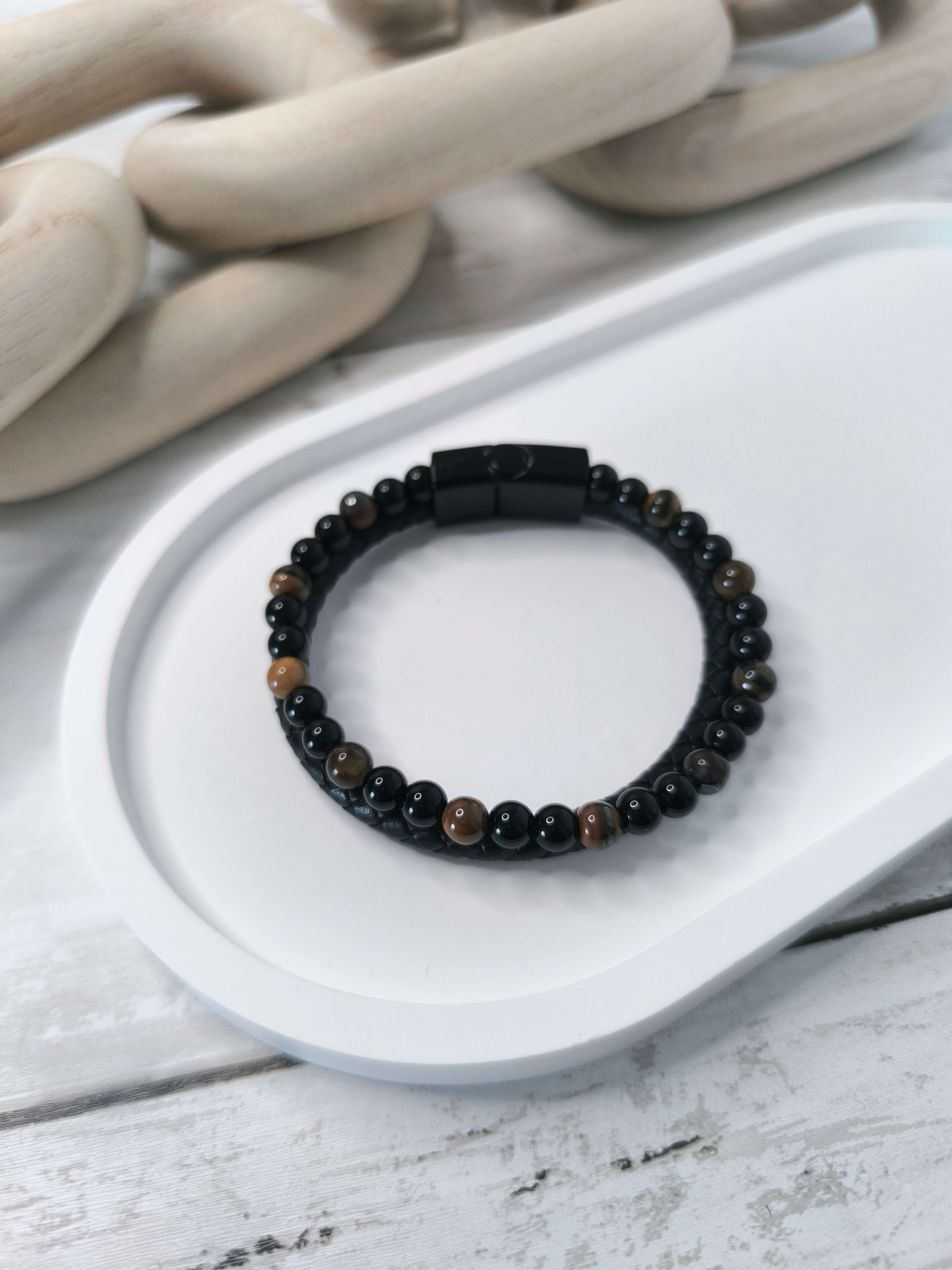 BRACELET HOMME - EN PIERRE NATURELLE - OEIL DE TIGRE - CORDE NOIR TRESSEE - 21 CM