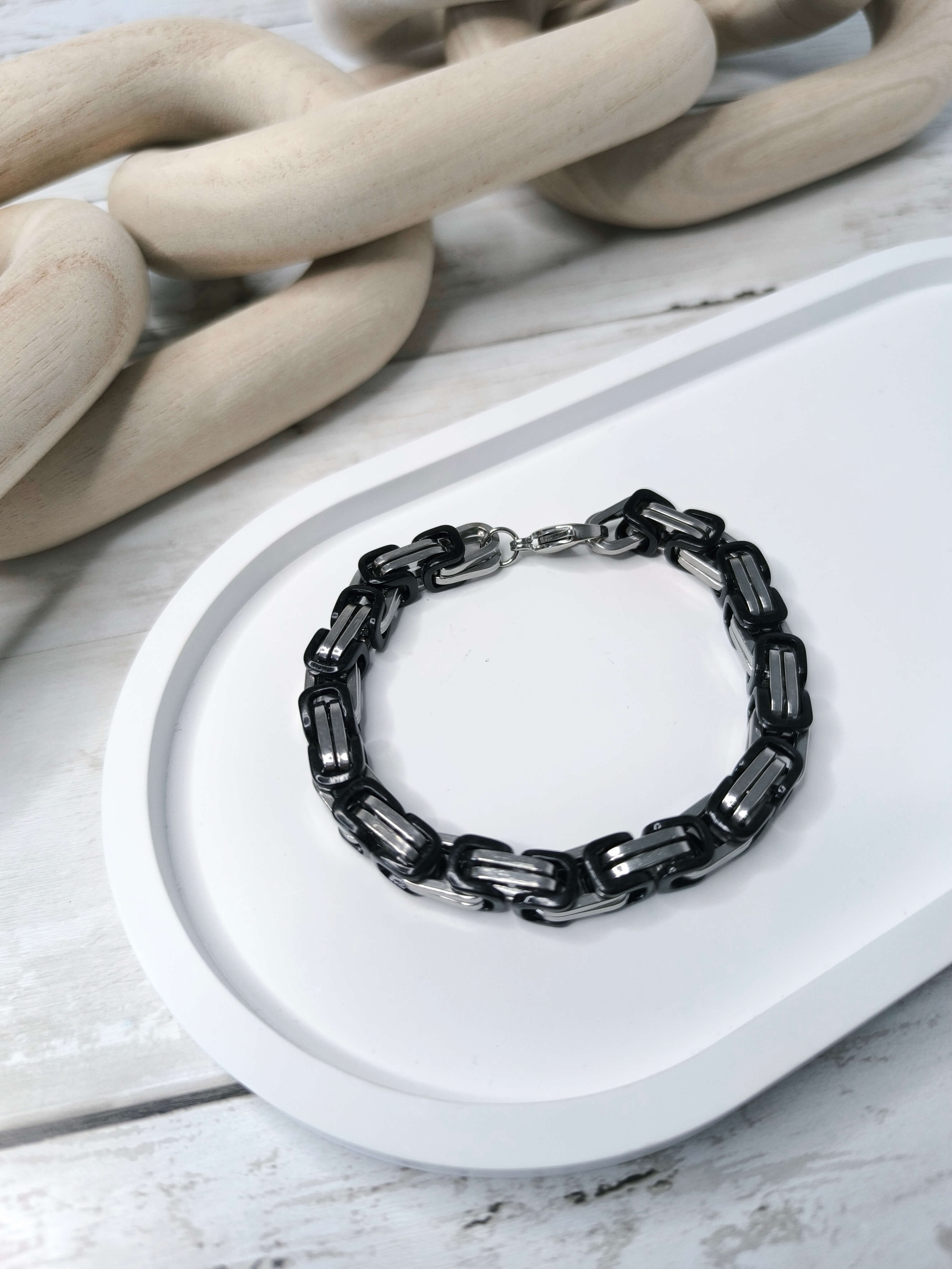 GOURMETTE HOMME - EN ACIER INOXYDABLE - NOIR & GRIS ARGENT - 20.5 CM