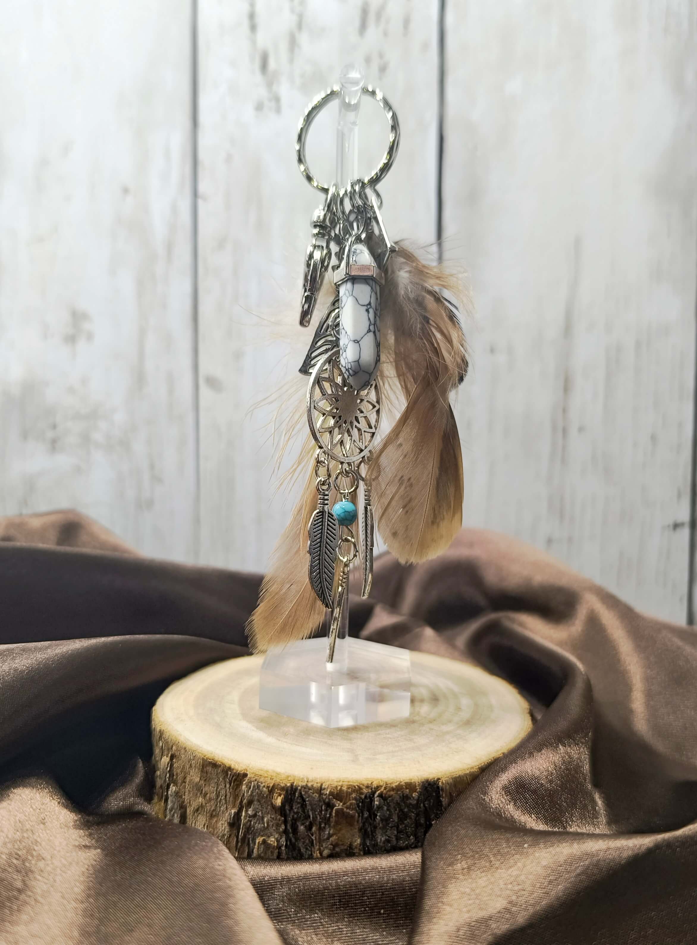 PORTE CLES BOHEME & SPIRITUEL - PLUMES MARRON, ATTRAPE REVES & PIERRE NATURELLE