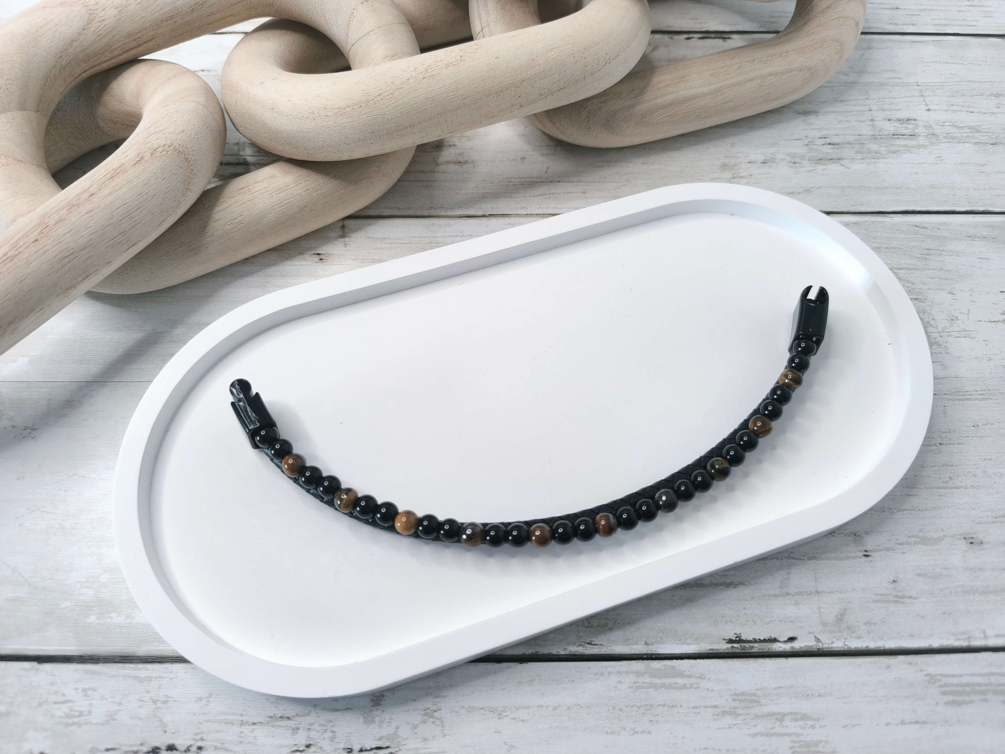 BRACELET HOMME - EN PIERRE NATURELLE - OEIL DE TIGRE - CORDE NOIR TRESSEE - 21 CM