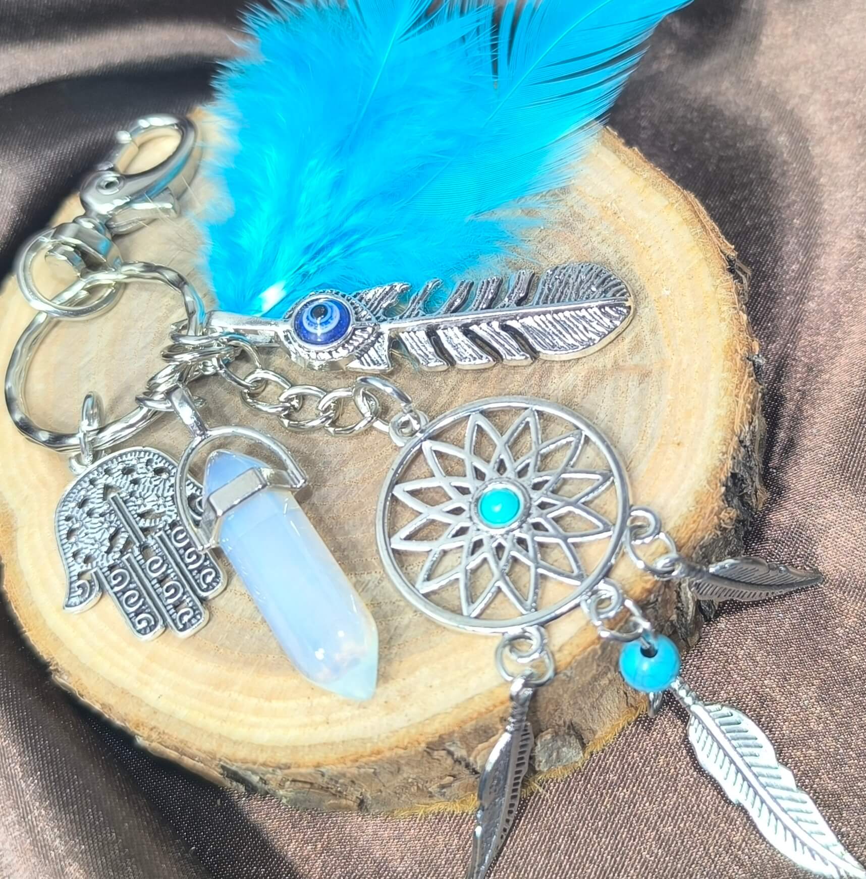 PORTE CLES BOHEME & SPIRITUEL - PLUMES BLEUES - ATTRAPE REVES & PIERRE NATURELLE