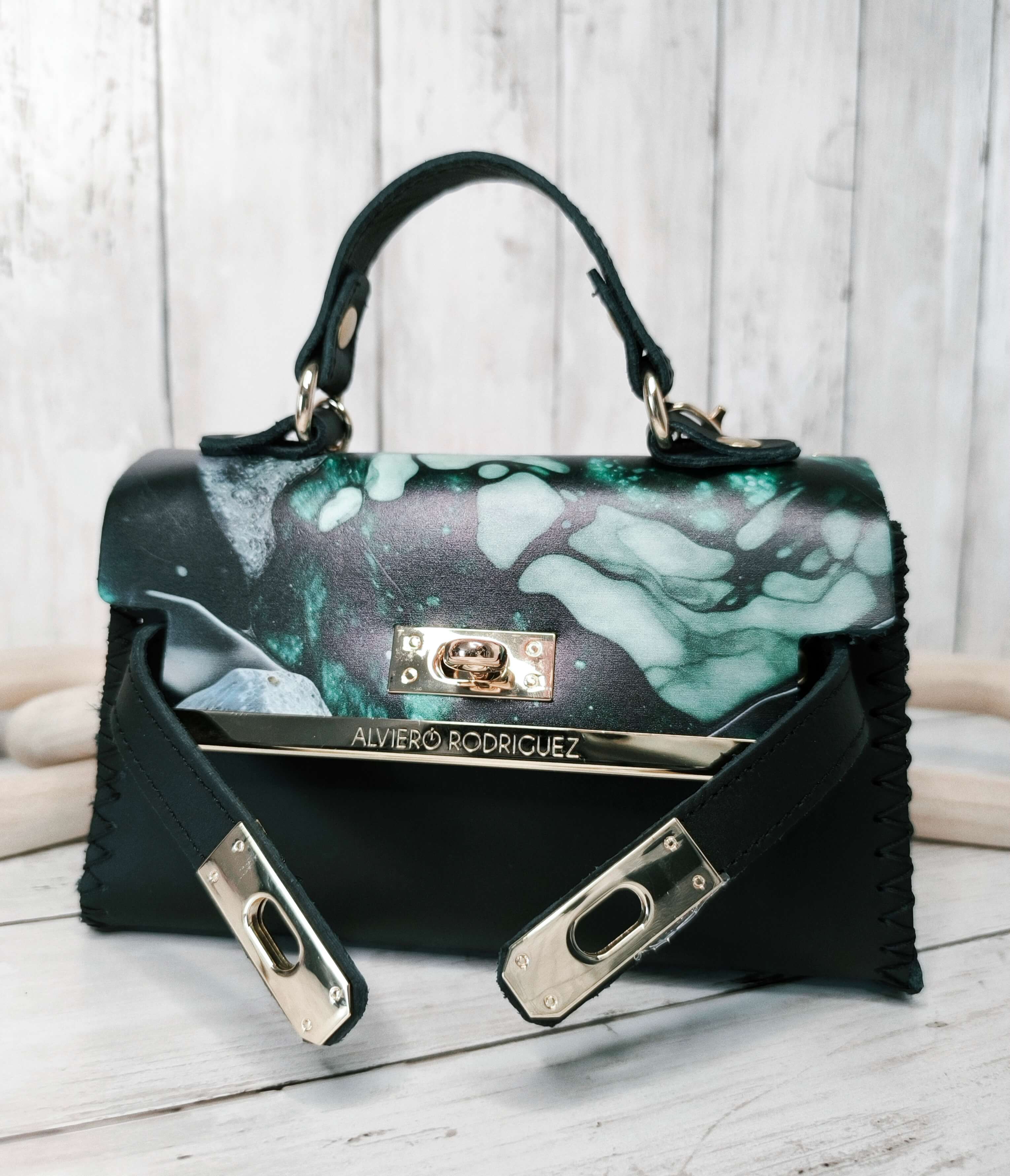 SAC CHANTAL GREEN MARMLE ALVIERO RODRIGUEZ - CUIR COUSU MAIN - MADE IN ITALY