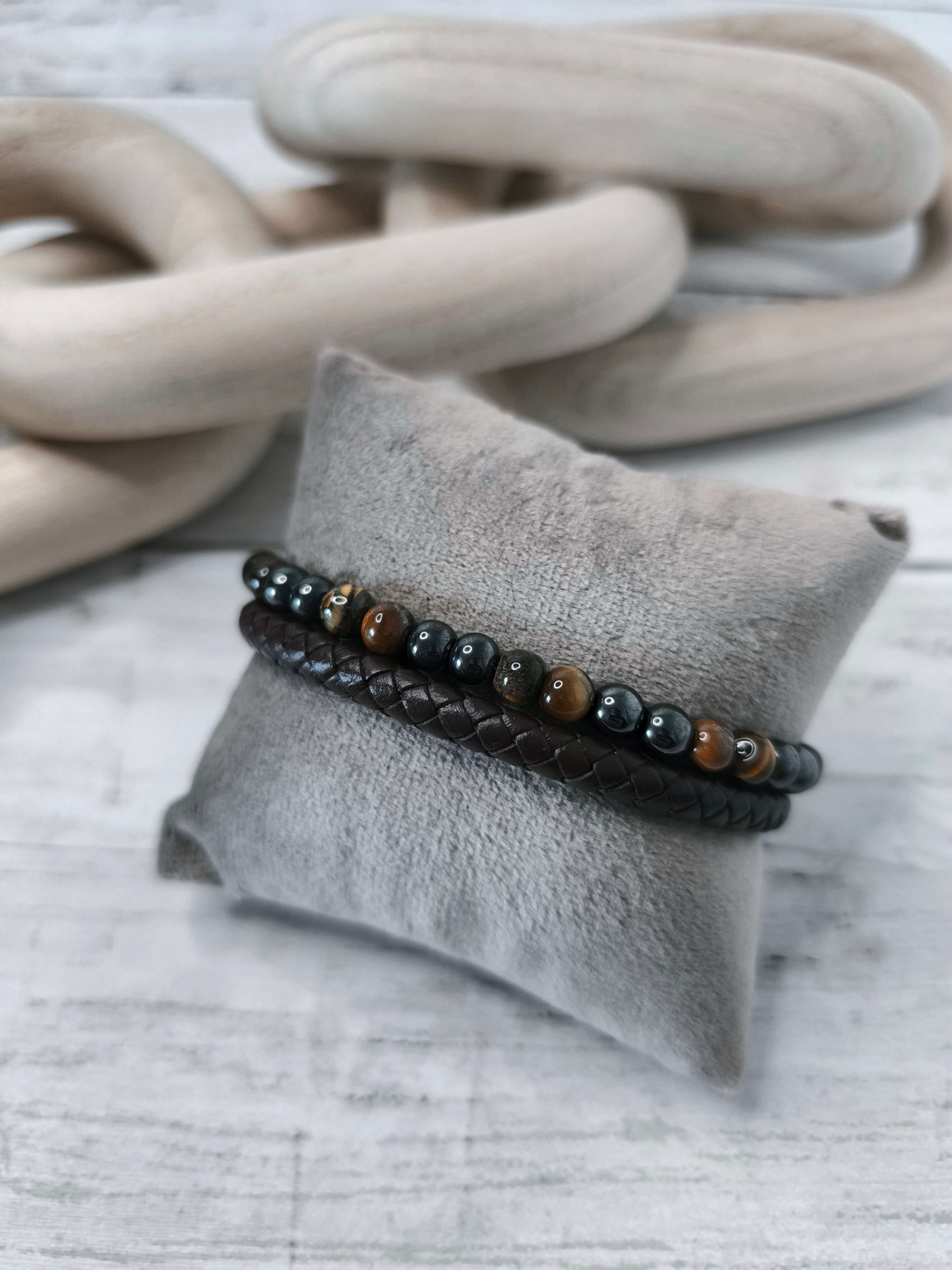 BRACELET HOMME - EN PIERRE NATURELLE - OEIL DE TIGRE - CORDE CAFE TRESSEE - 21 CM