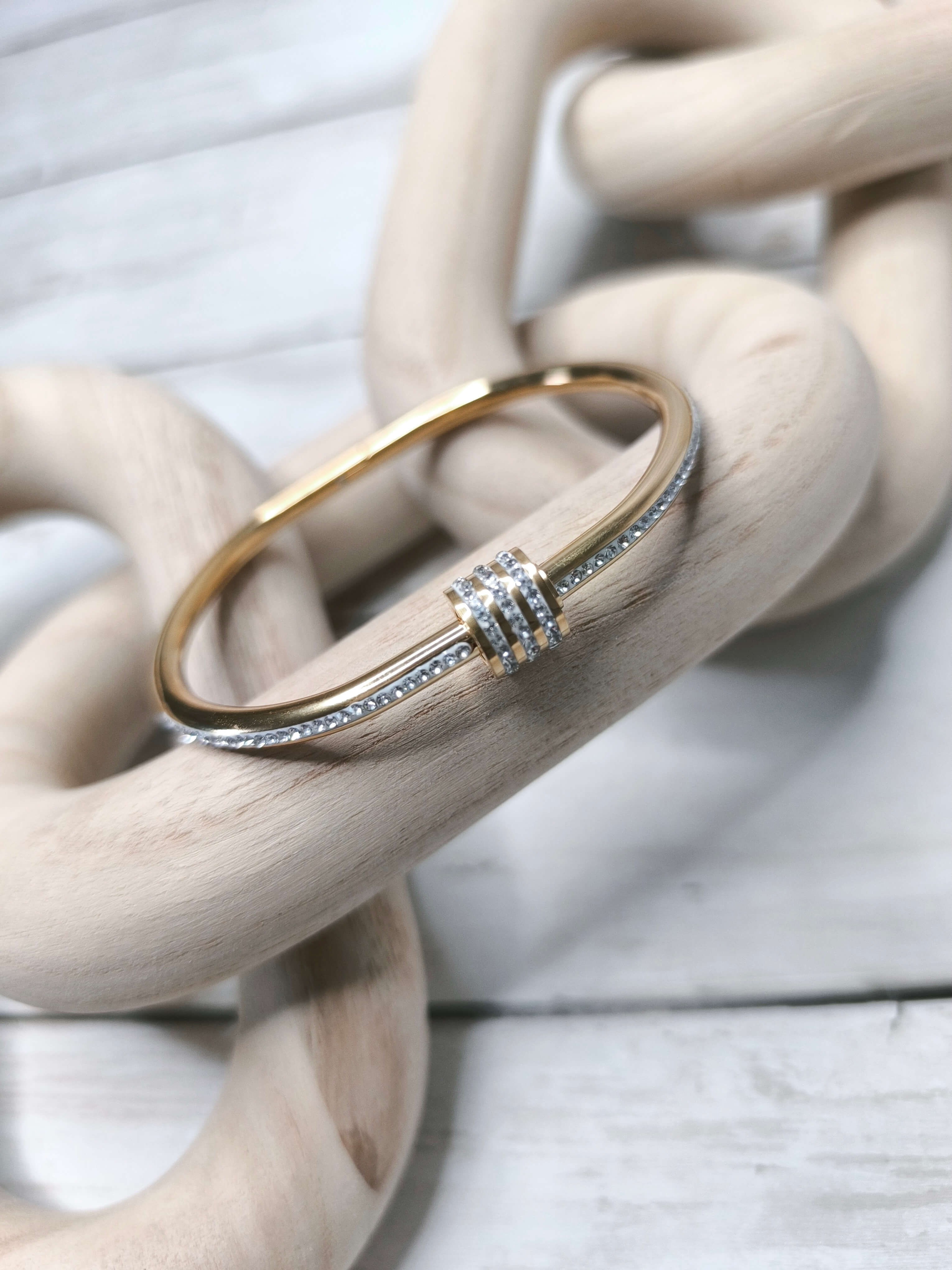 BRACELET FEMME - ACIER INOXYDABLE 304 OU ARGENT - CYLINDRE CENTRAL SERTI DE STRASS SCINTILLANTS - DORE OU ARGENTE