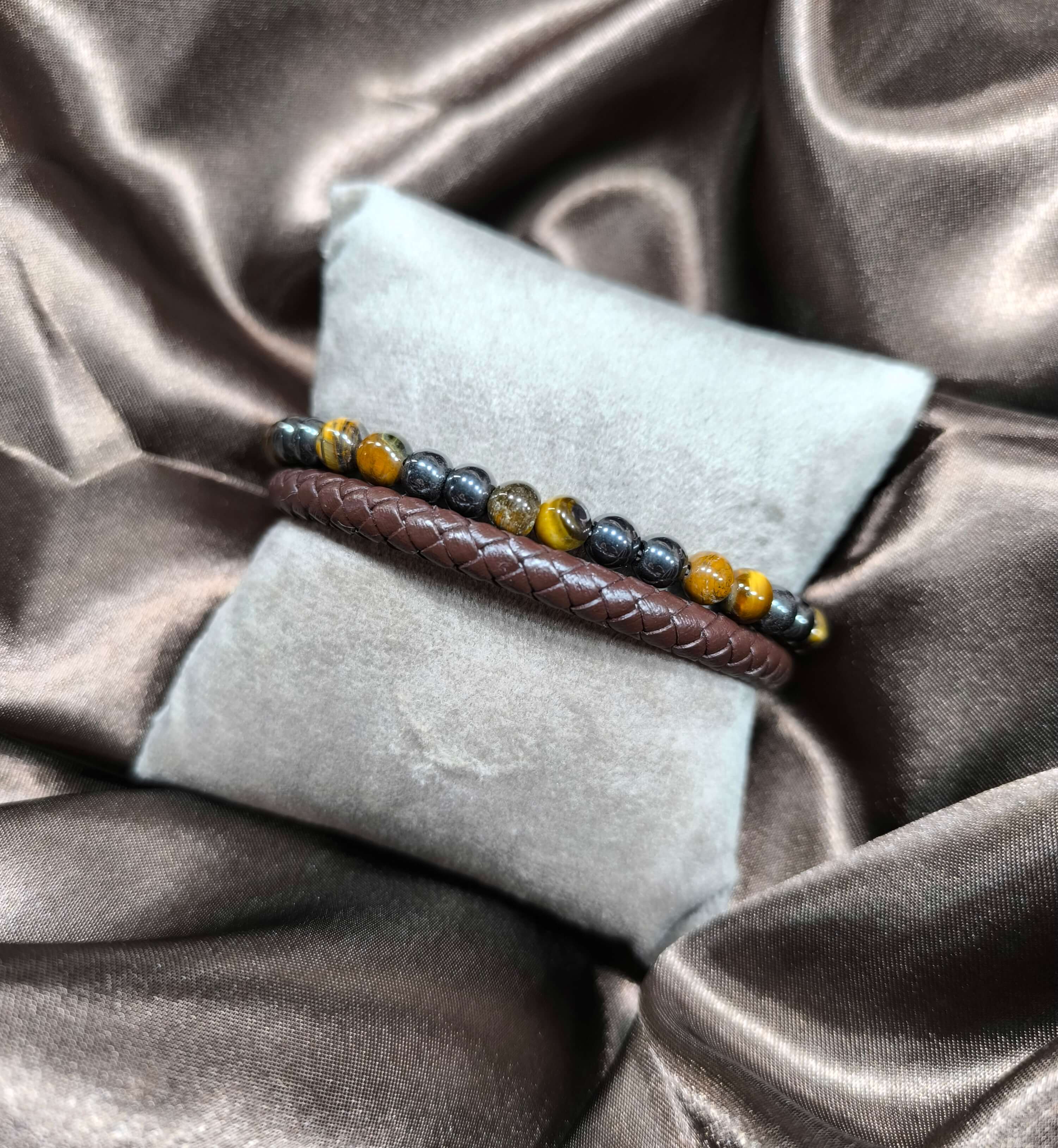 BRACELET HOMME - EN PIERRE NATURELLE - OEIL DE TIGRE - CORDE CAFE TRESSEE - 21 CM