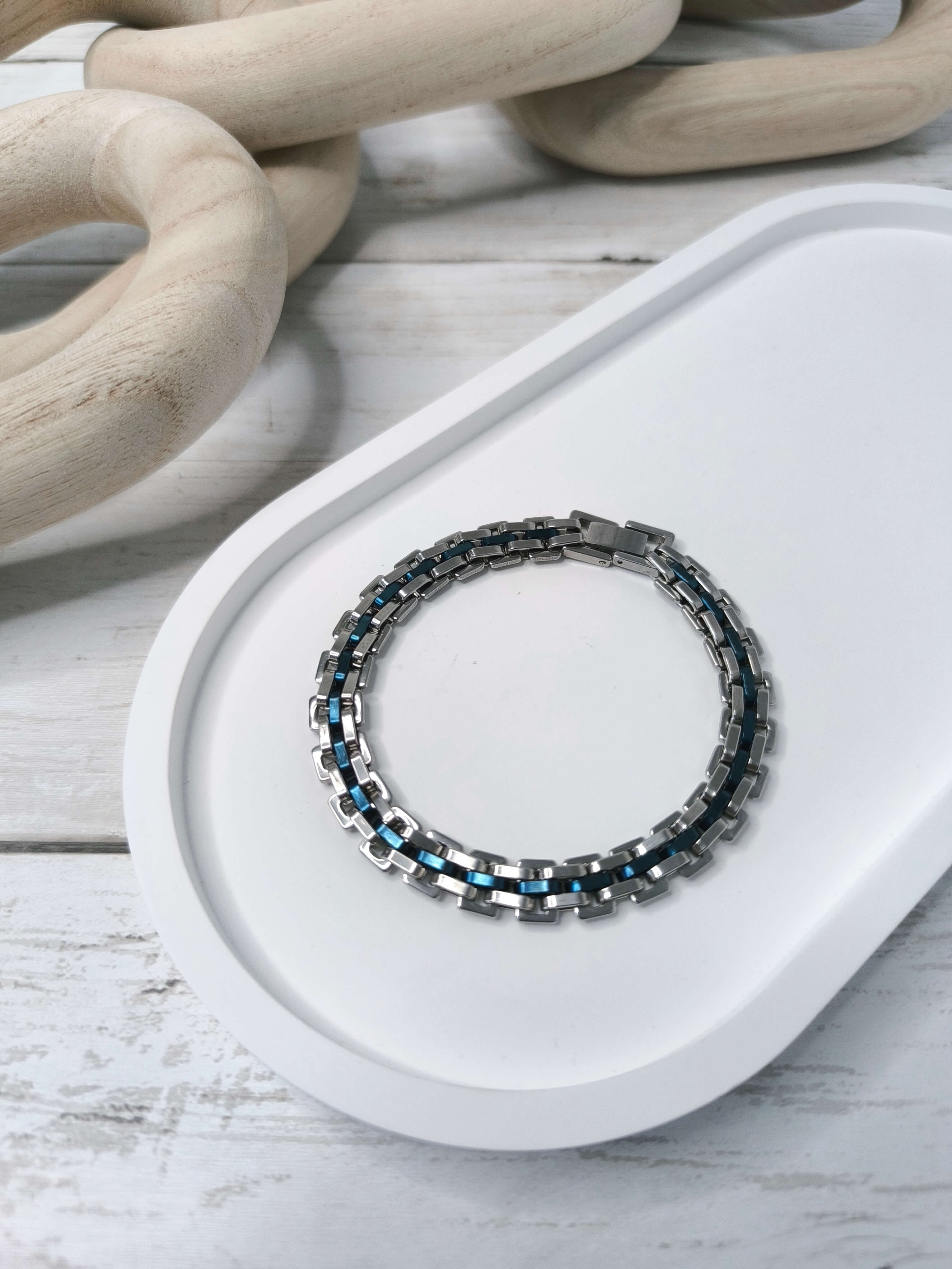 GOURMETTE HOMME - EN ACIER INOXYDABLE - ARGENT & BLEU - 21 CM