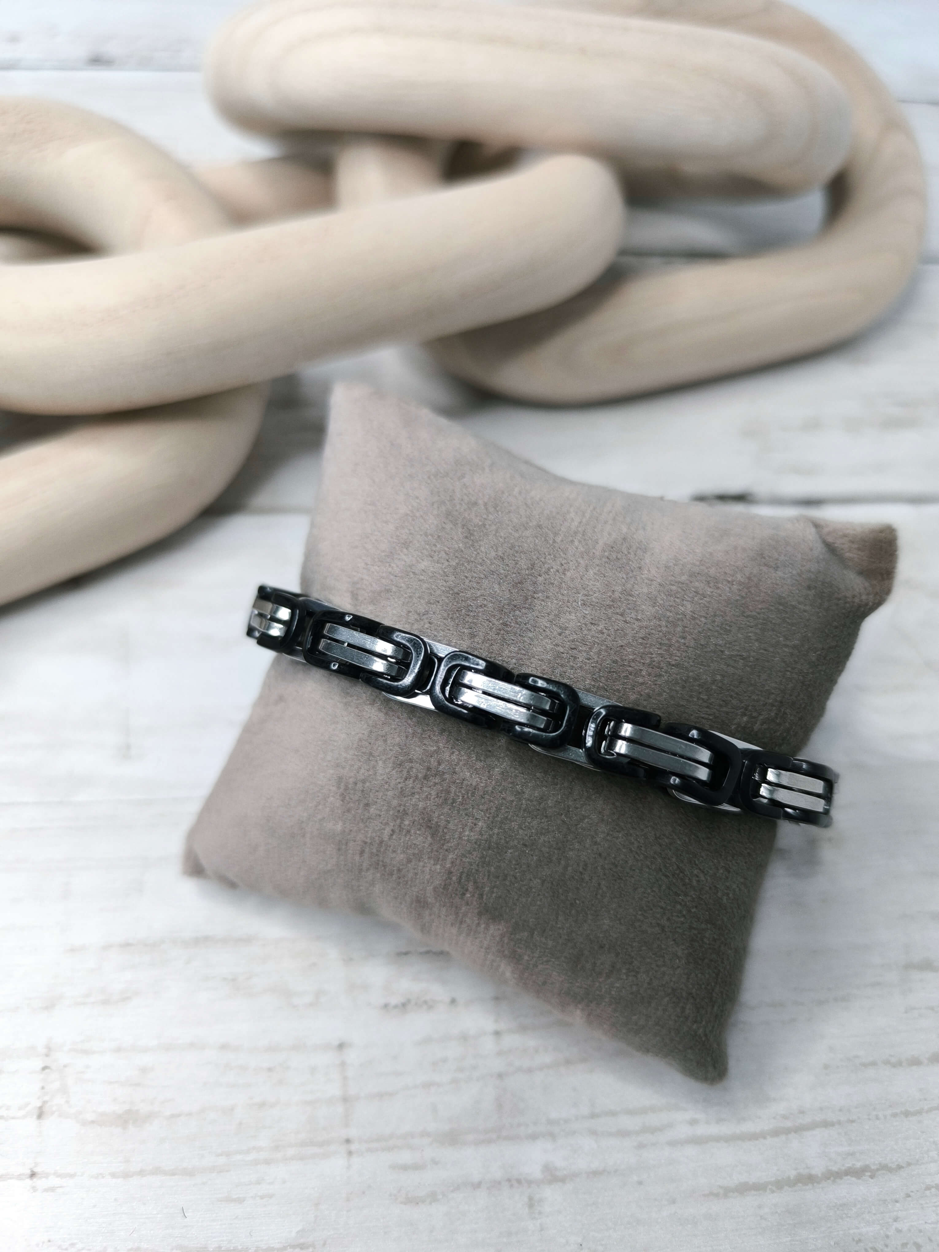 GOURMETTE HOMME - EN ACIER INOXYDABLE - NOIR & GRIS ARGENT - 20.5 CM