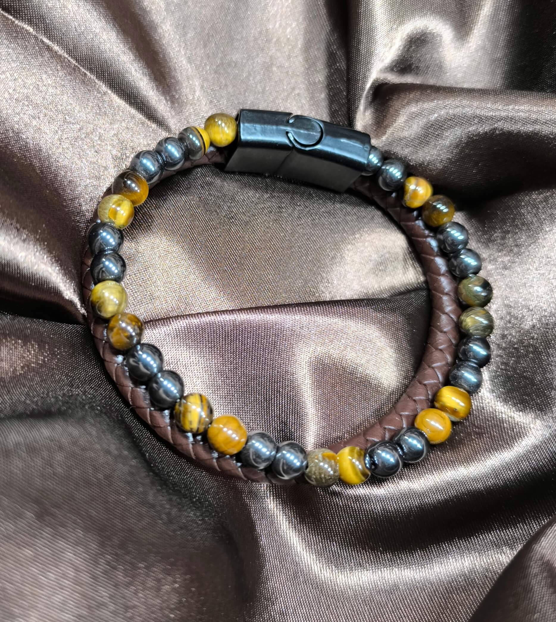 BRACELET HOMME - EN PIERRE NATURELLE - OEIL DE TIGRE - CORDE CAFE TRESSEE - 21 CM