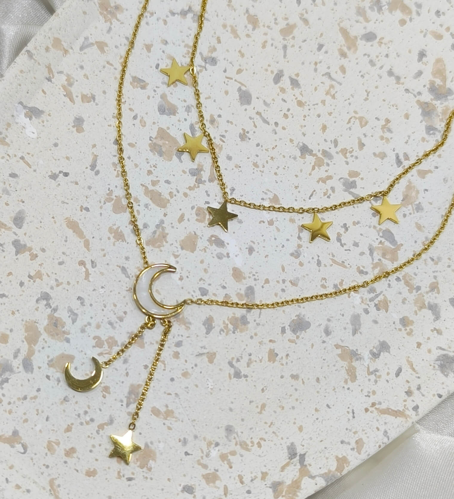 COLLIER FEMME - DEUX NIVEAUX - ACIER INOXYDABLE 304 -  PENDENTIF ETOILES & DEMI LUNE ELEGANTS