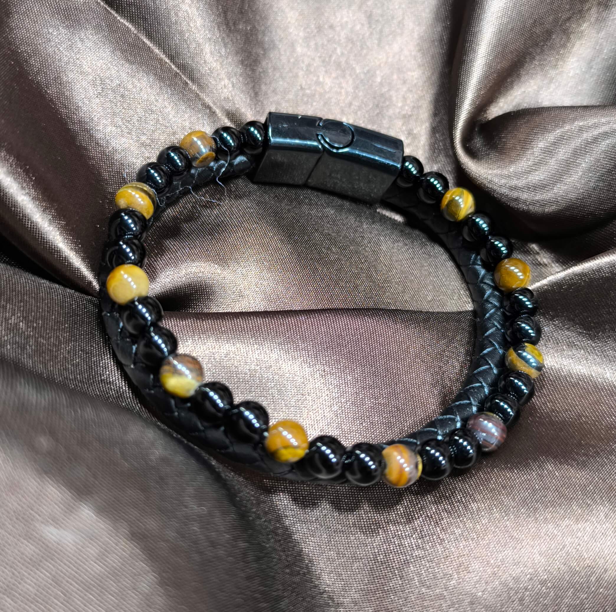 BRACELET HOMME - EN PIERRE NATURELLE - OEIL DE TIGRE - CORDE NOIR TRESSEE - 21 CM