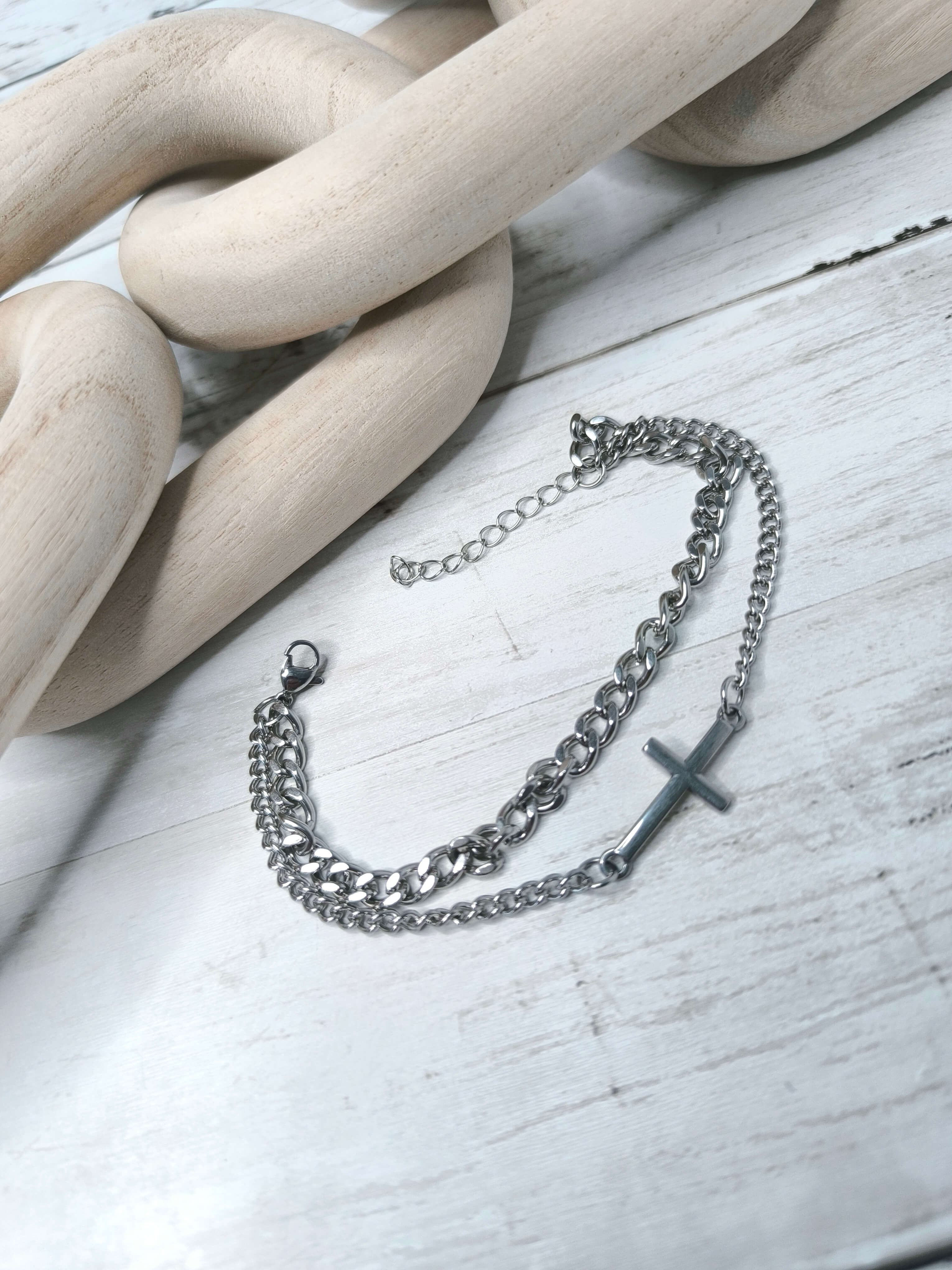 BRACELET HOMME DOUBLE - ARGENTE - CROIX EN ACIER AU TITANE & INOXYDABLE