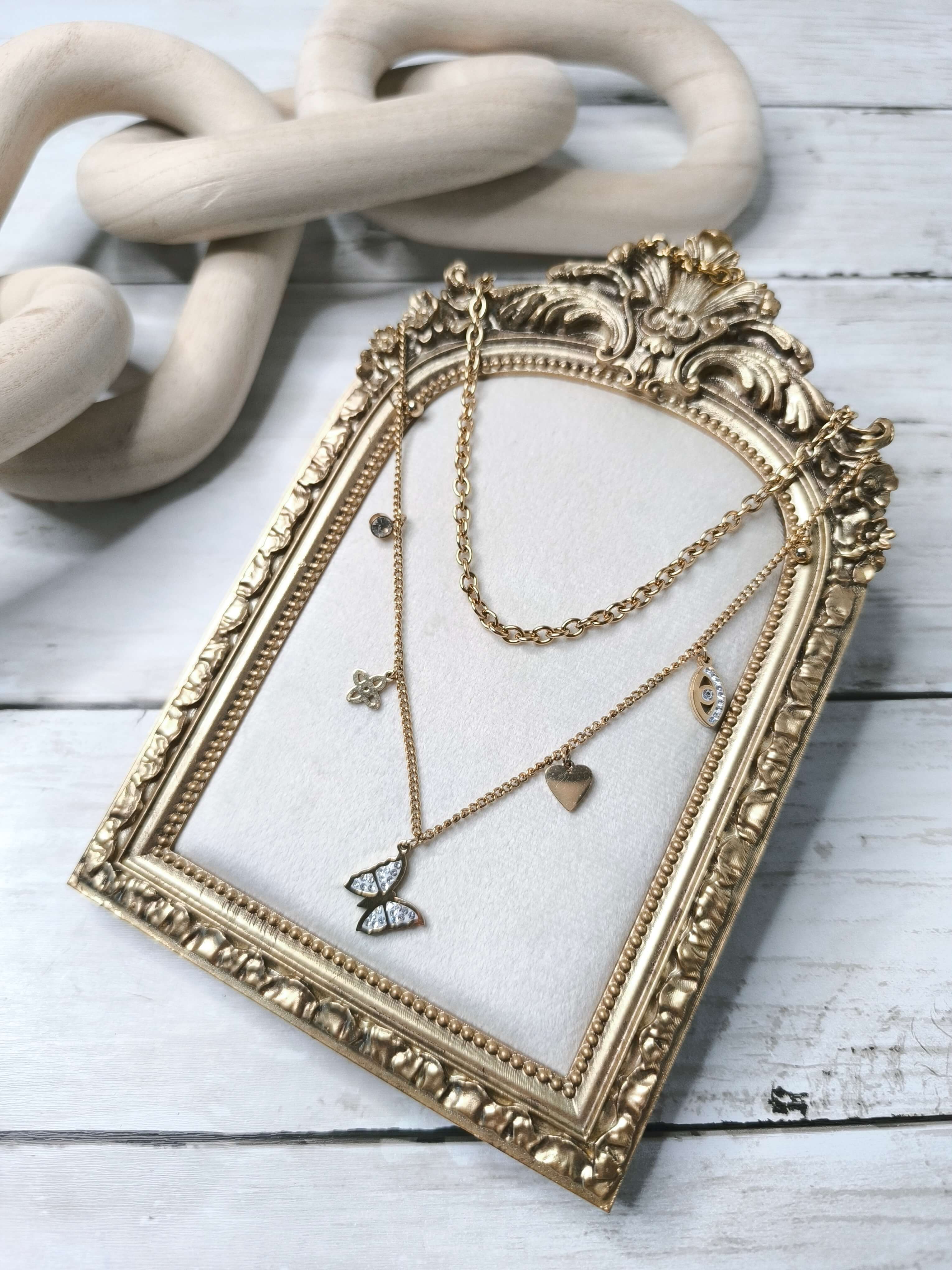 COLLIER FEMME - DEUX NIVEAUX - ACIER INOXYDABLE 304 - PAPILLON & SYMBOLES