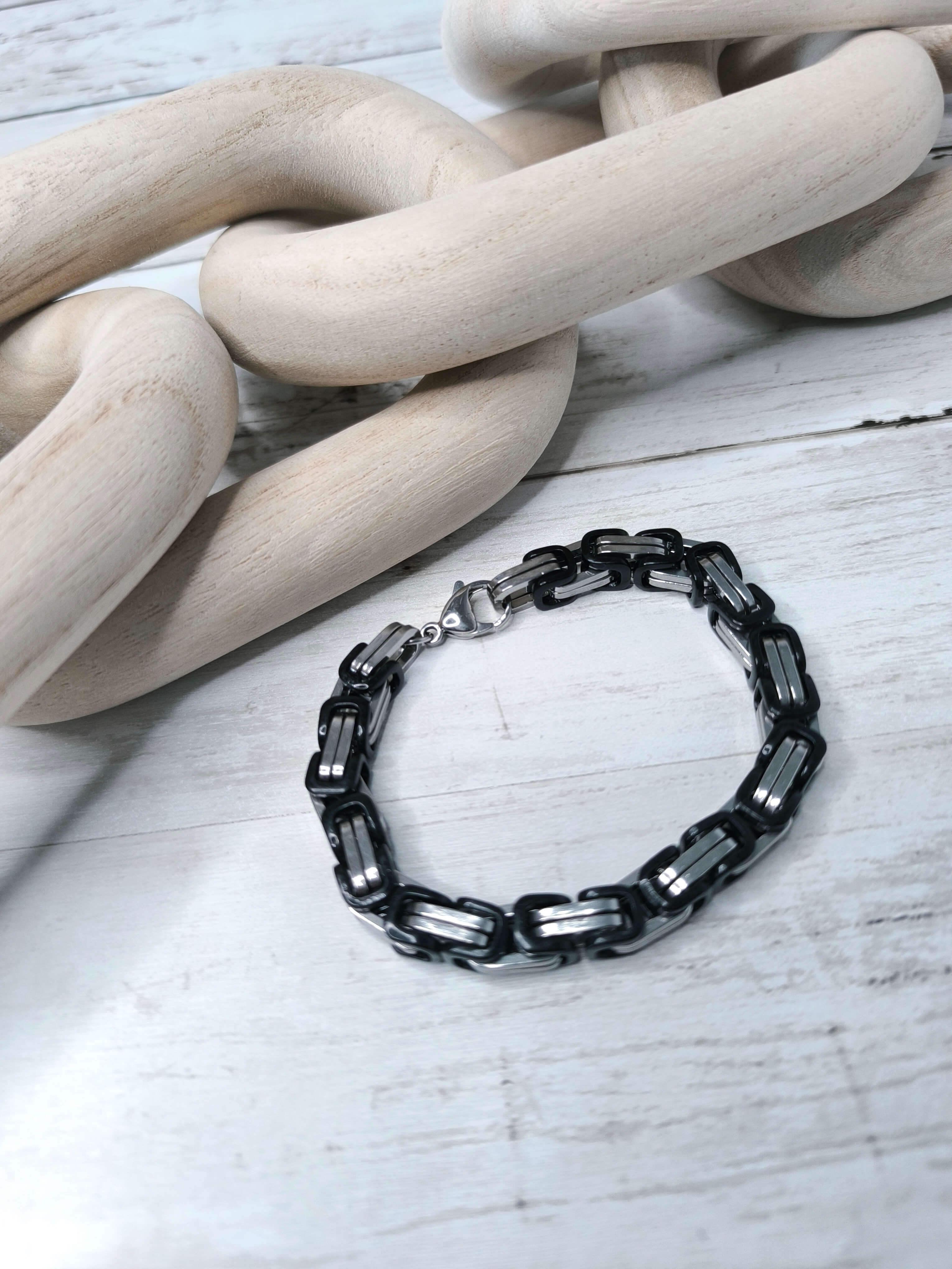 GOURMETTE HOMME - EN ACIER INOXYDABLE - NOIR & GRIS ARGENT - 20.5 CM