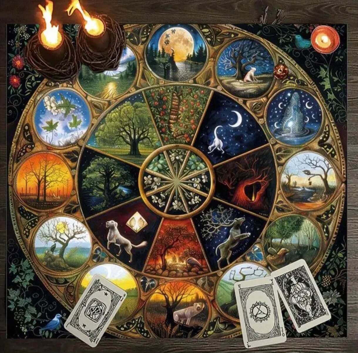 Nappe d’Autel Divinatoire – Roue des Saisons · Roue de l’Année – 75 cm