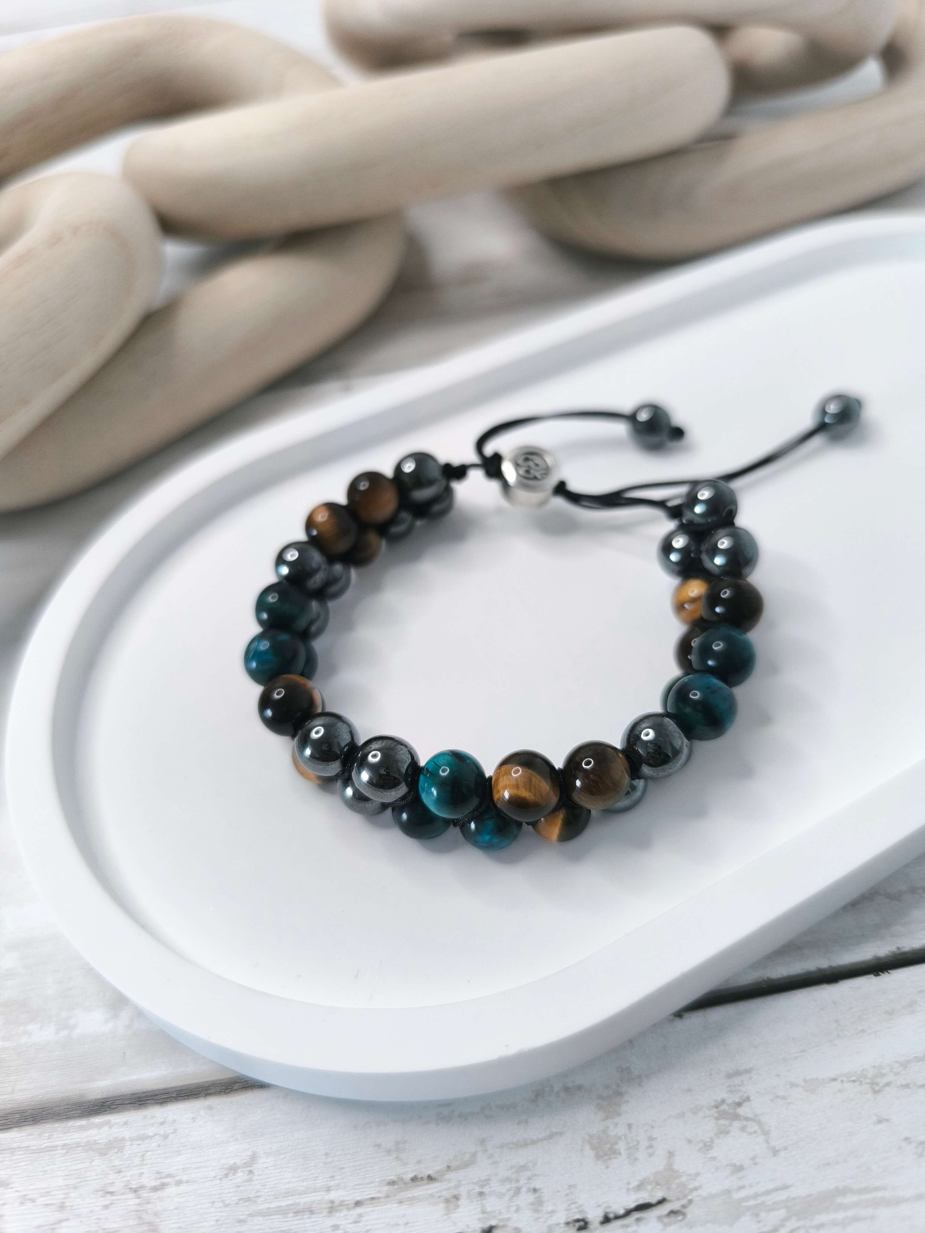 BRACELET HOMME EN PIERRES NATURELLES - OEIL DE TIGRE, HEMATITE & PIERRE BLEUE