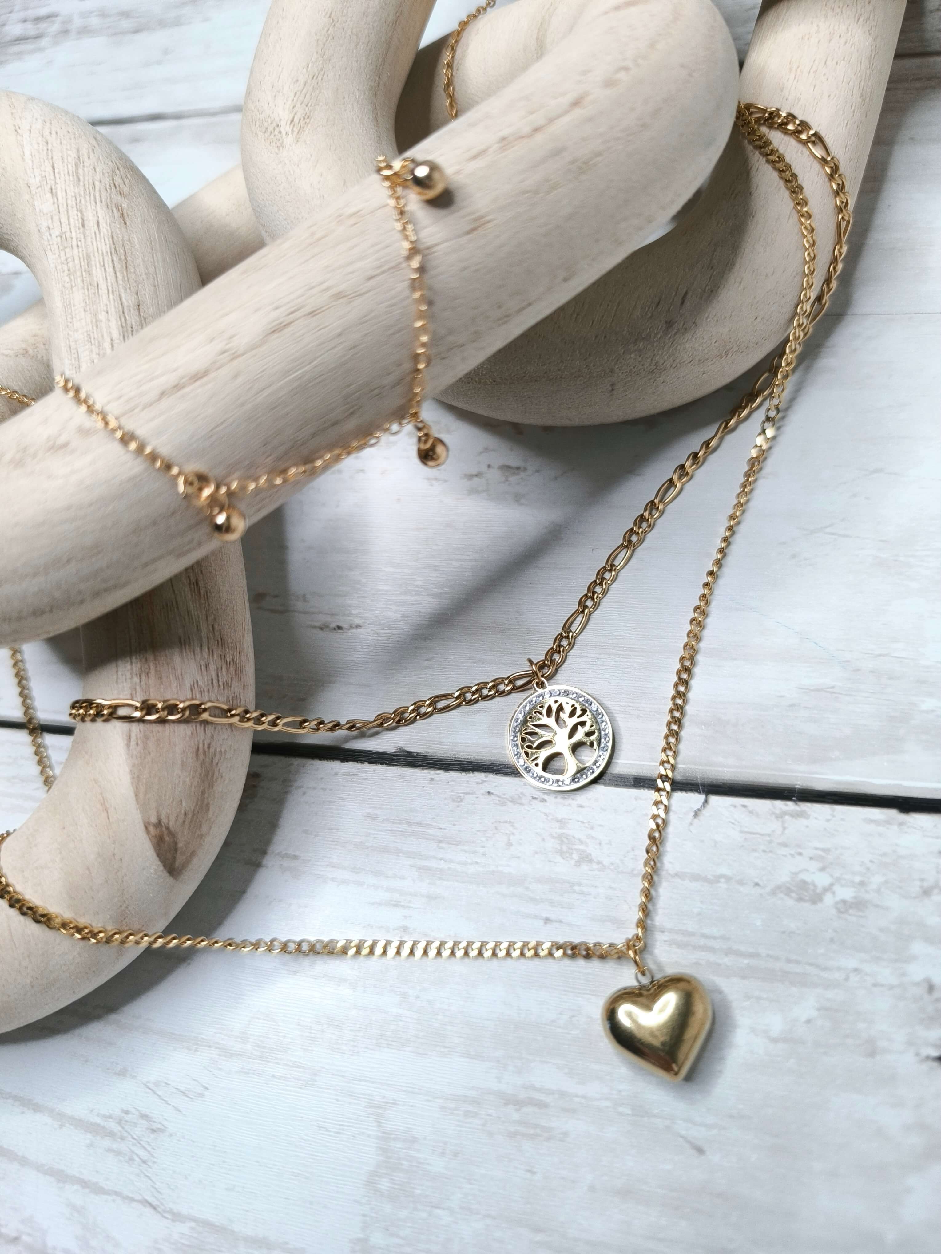 COLLIER FEMME - TROIS NIVEAUX - ACIER AU TITANE - PERLES, ARBRE DE VIE & COEUR DORE