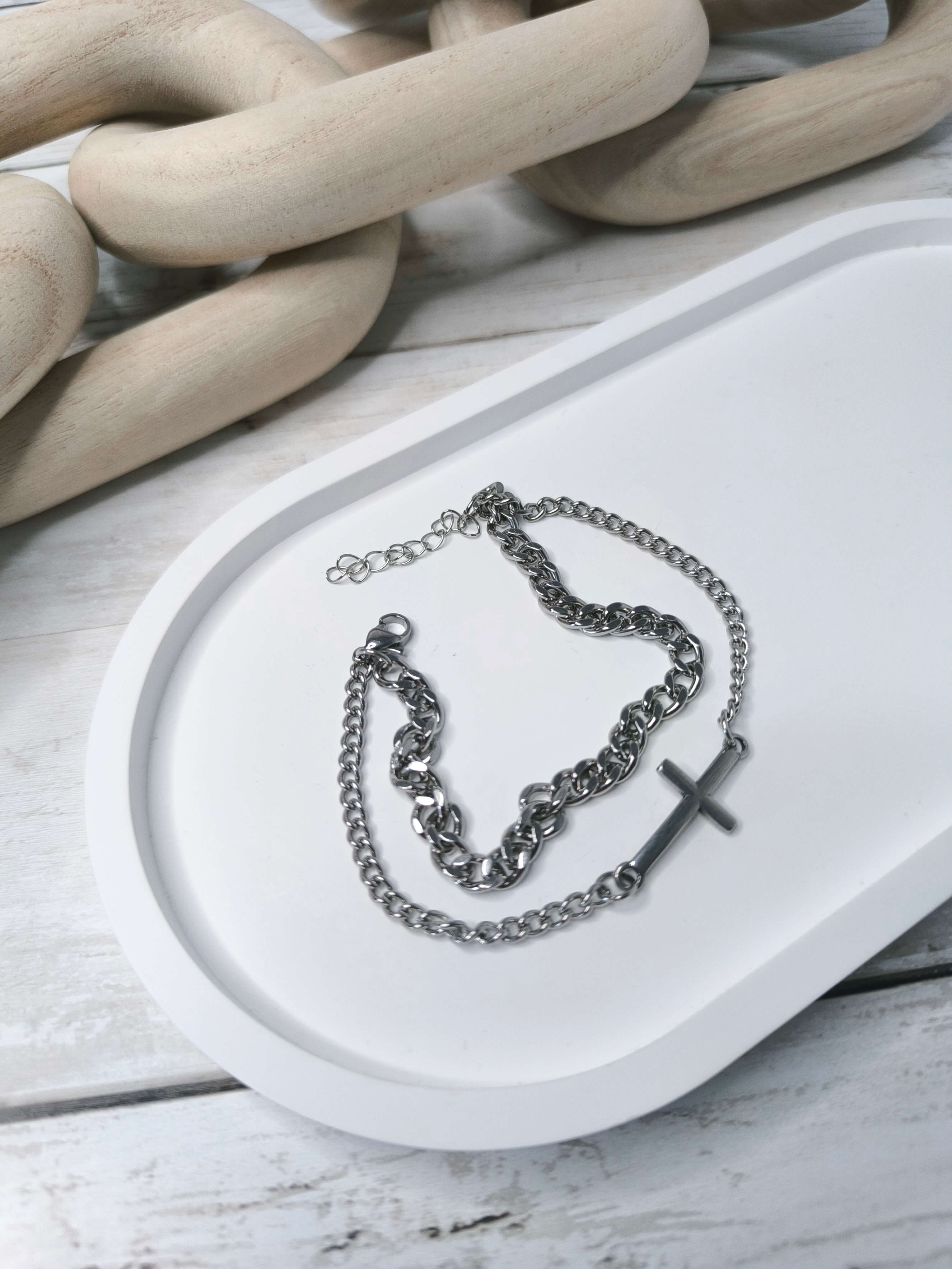 BRACELET HOMME DOUBLE - ARGENTE - CROIX EN ACIER AU TITANE & INOXYDABLE