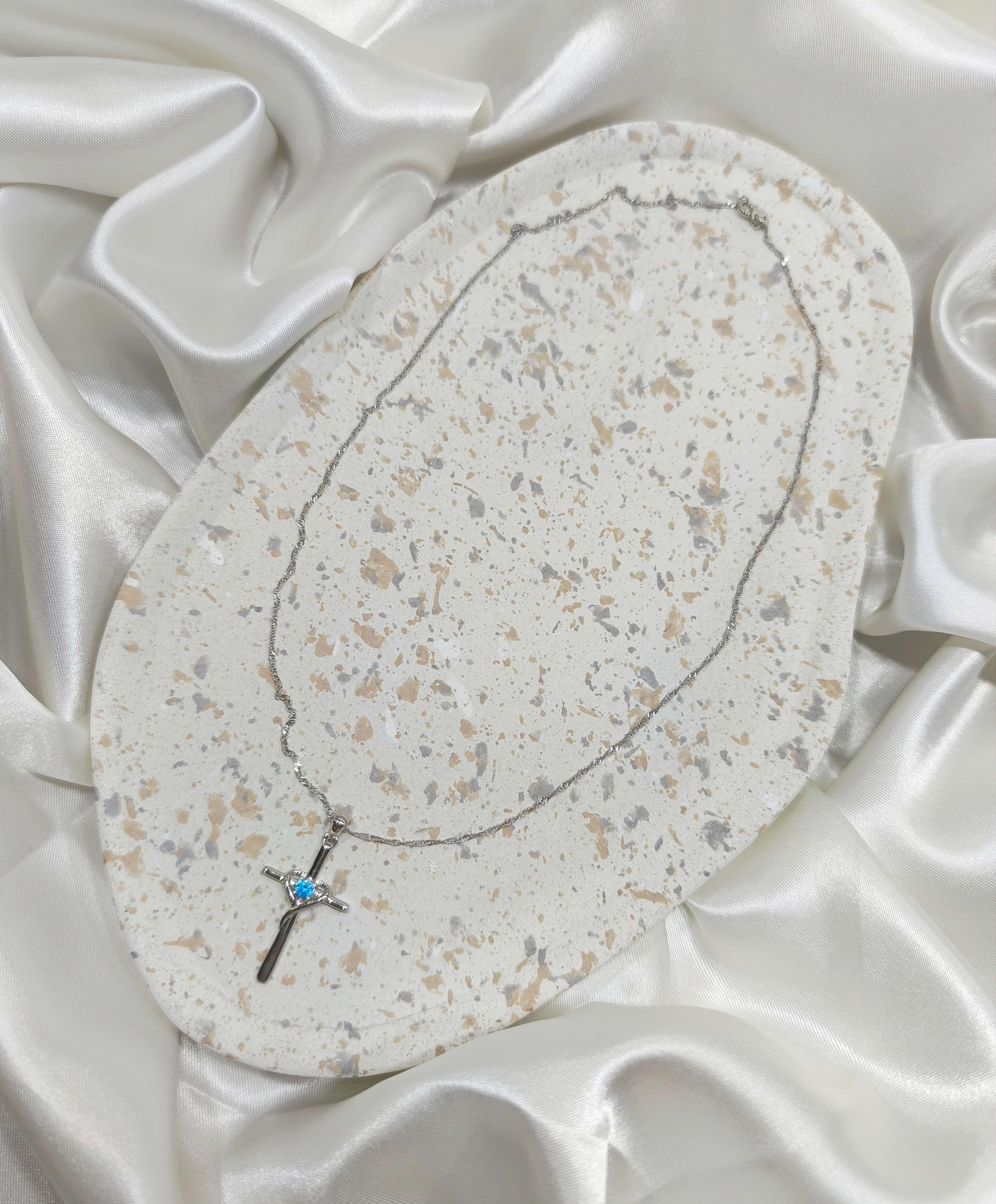 COLLIER FEMME - CHAINE TORSADEE ITALIENNE - PENDANTIF CROIX - PIERRE BLEUE - ARGENT S925