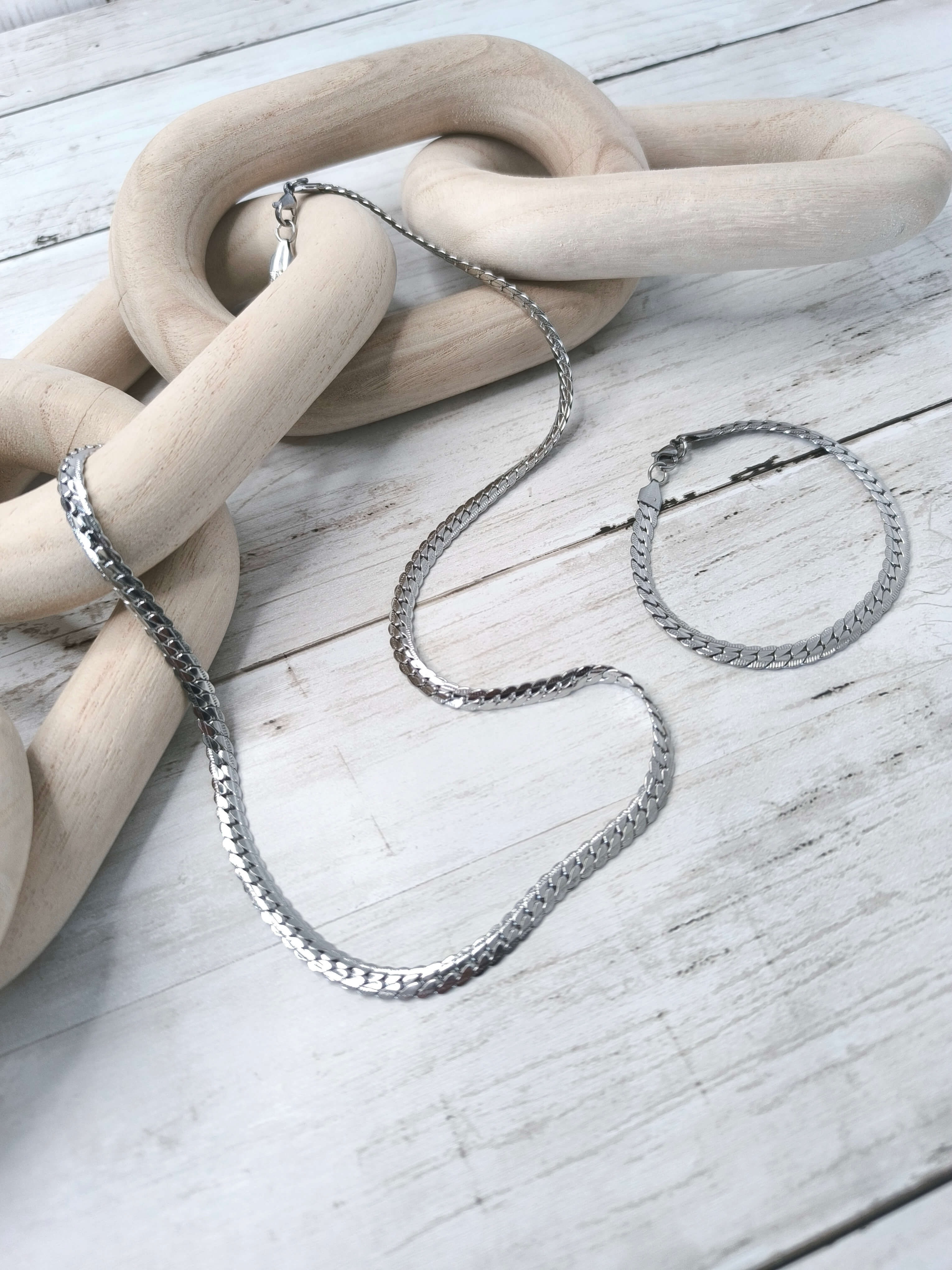 PARURE HOMME - COLLIER 60 CM & BRACELET 21 CM - EN ACIER INOXYDABLE - MAILLES SERREES