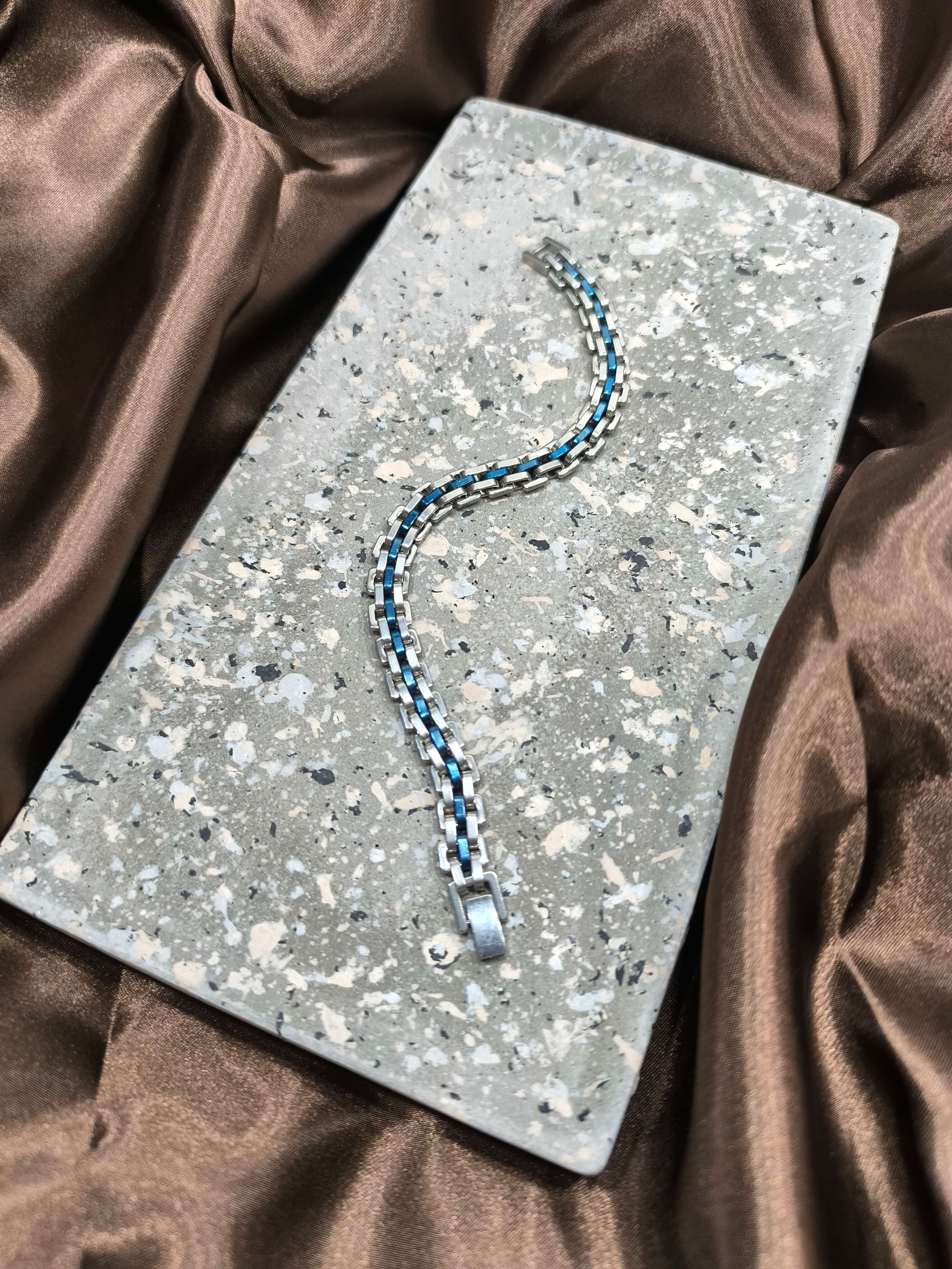 GOURMETTE HOMME - EN ACIER INOXYDABLE - ARGENT & BLEU - 21 CM