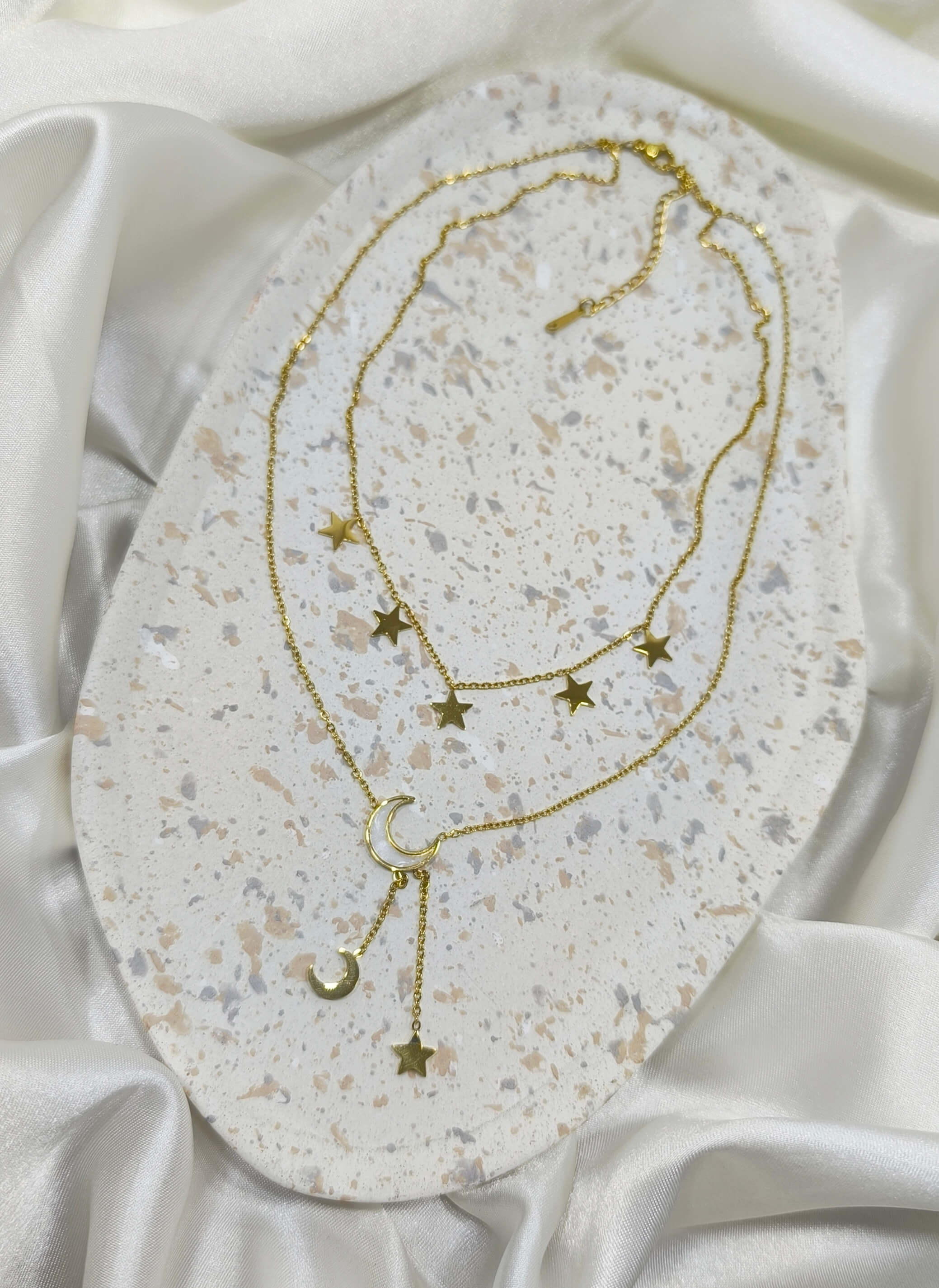 COLLIER FEMME - DEUX NIVEAUX - ACIER INOXYDABLE 304 -  PENDENTIF ETOILES & DEMI LUNE ELEGANTS