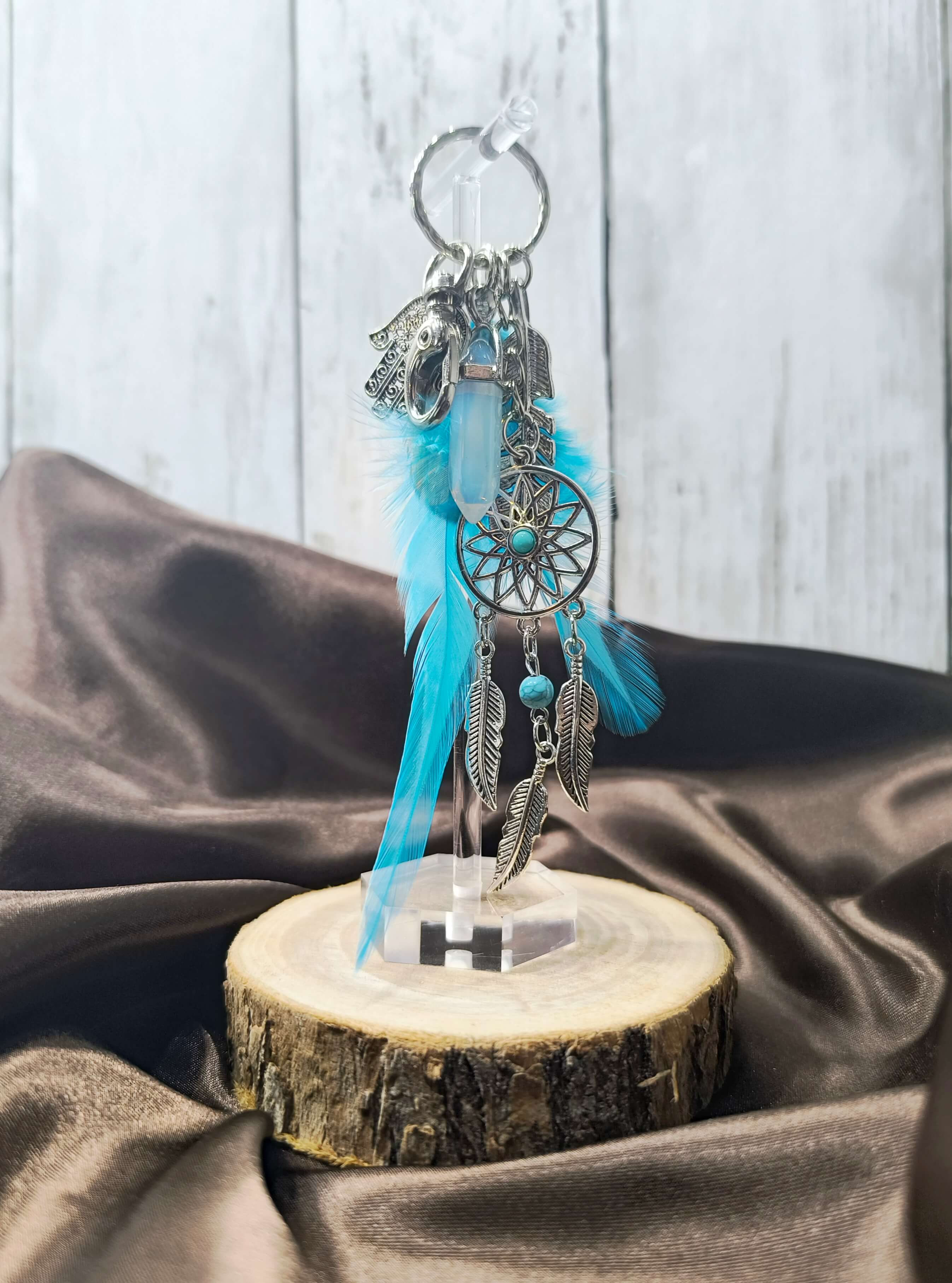 PORTE CLES BOHEME & SPIRITUEL - PLUMES BLEUES - ATTRAPE REVES & PIERRE NATURELLE
