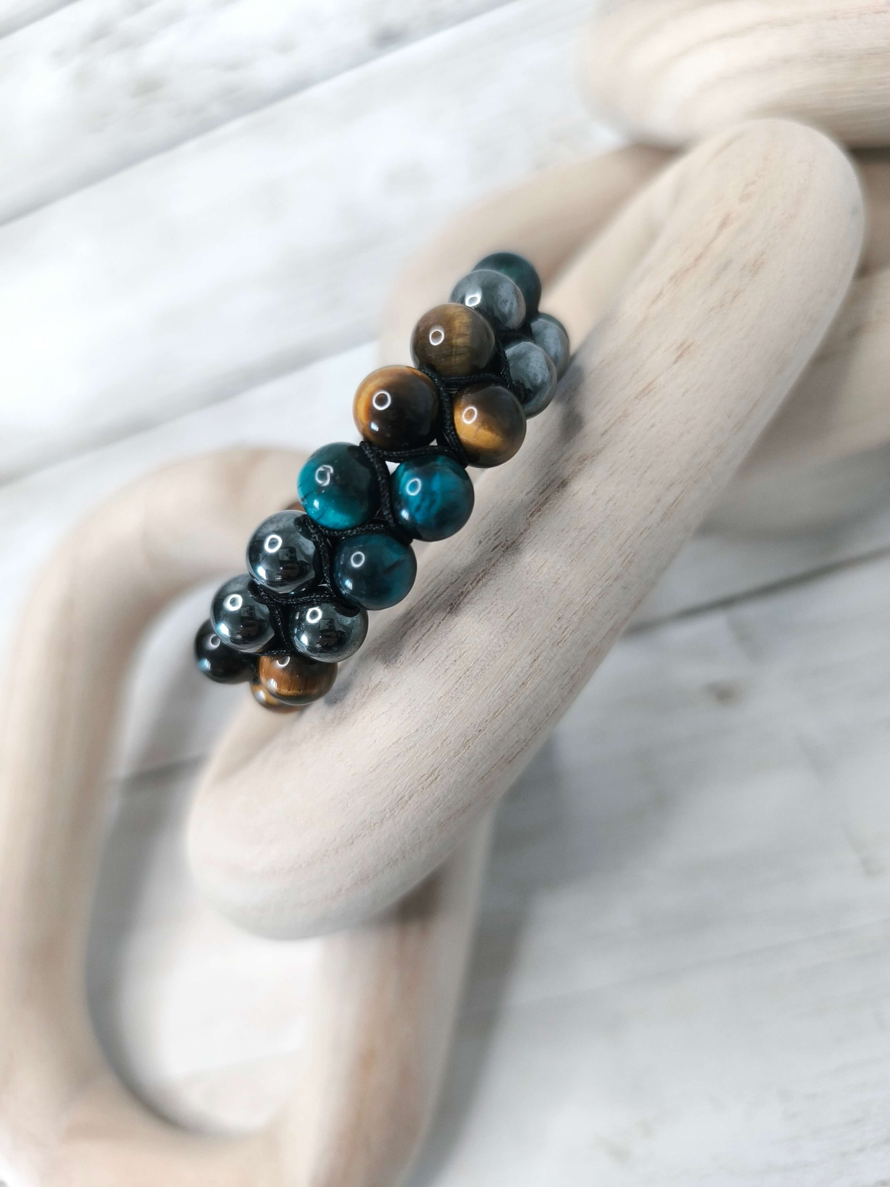 BRACELET HOMME EN PIERRES NATURELLES - OEIL DE TIGRE, HEMATITE & PIERRE BLEUE