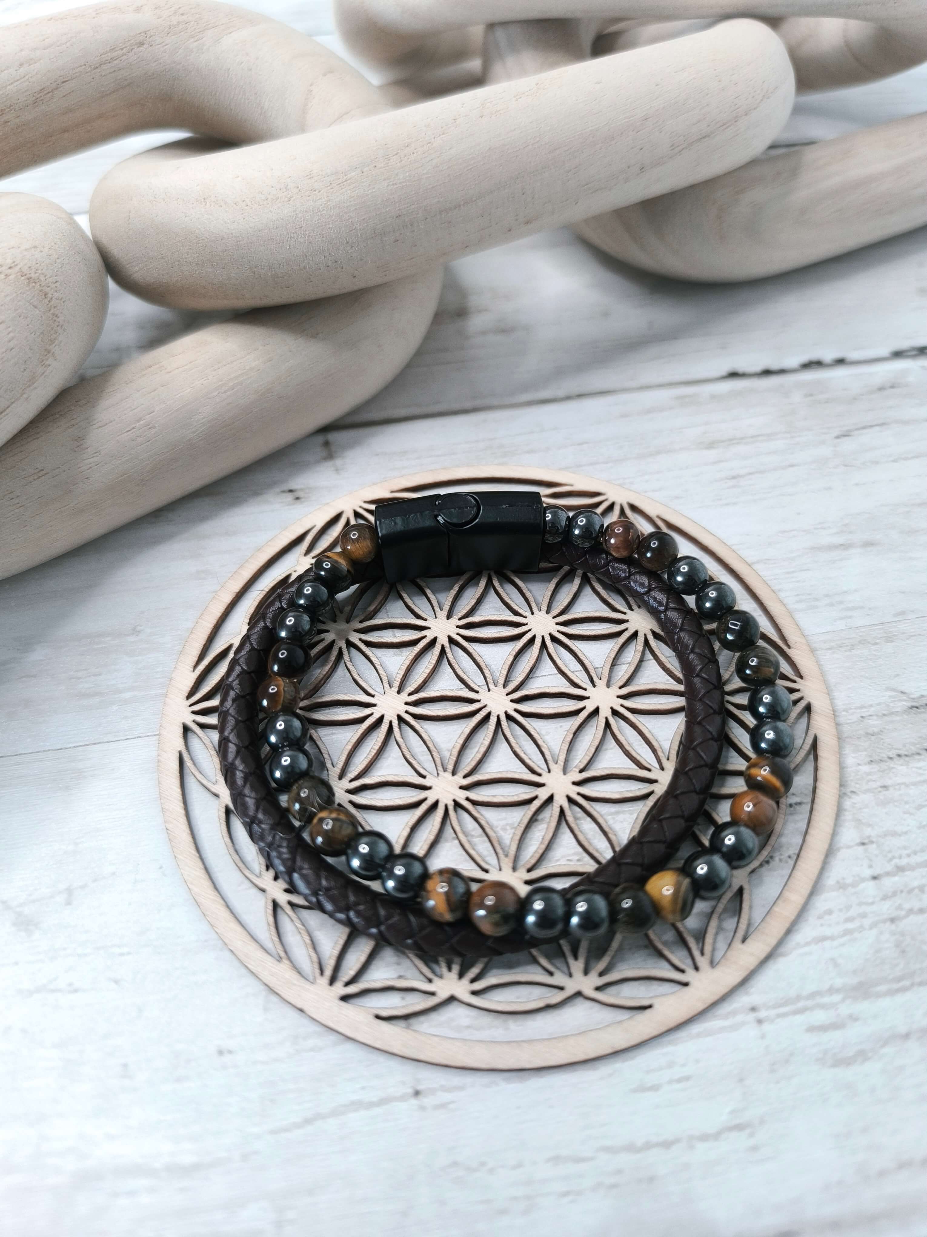 BRACELET HOMME - EN PIERRE NATURELLE - OEIL DE TIGRE - CORDE CAFE TRESSEE - 21 CM