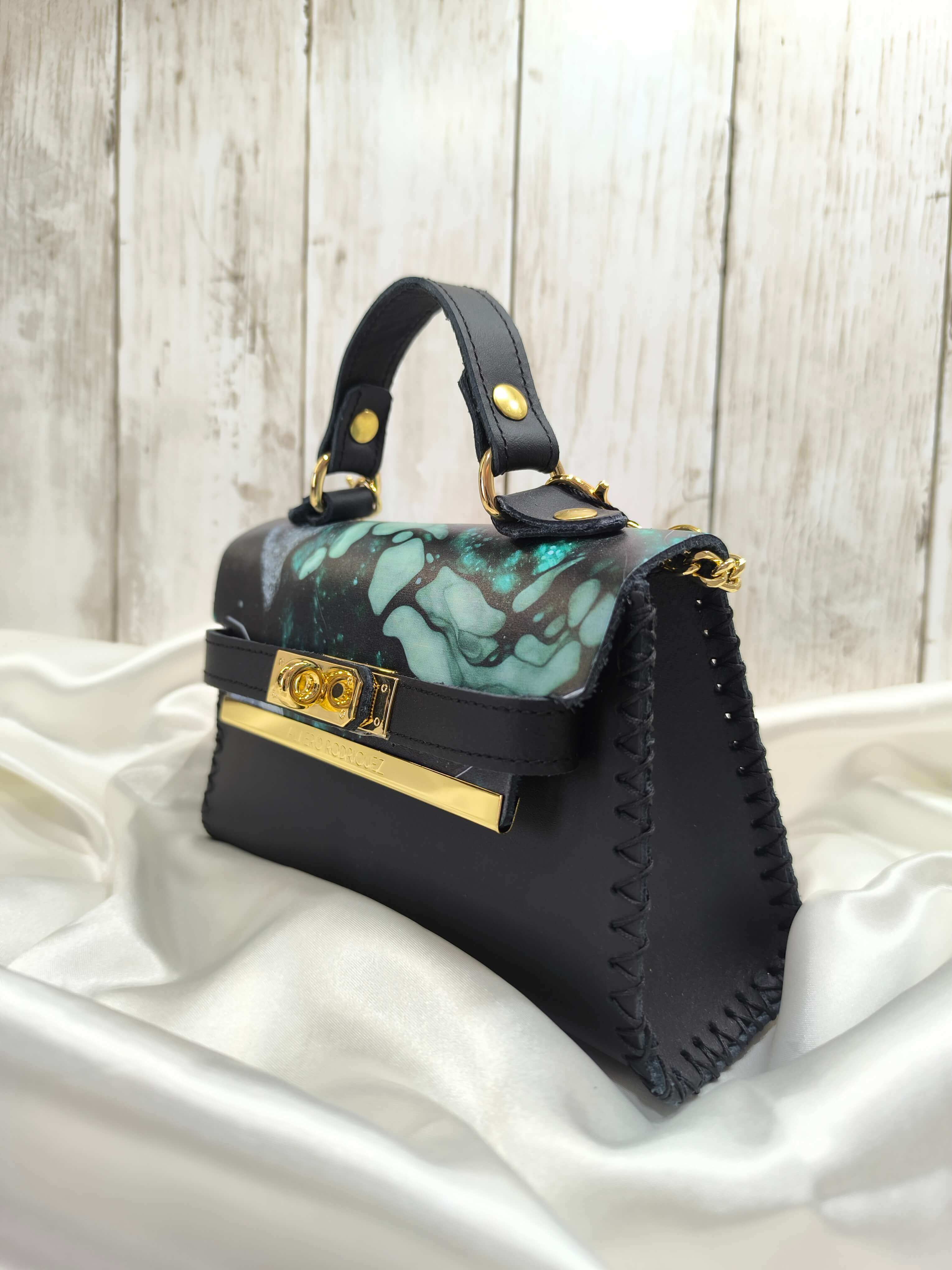SAC CHANTAL GREEN MARMLE ALVIERO RODRIGUEZ - CUIR COUSU MAIN - MADE IN ITALY